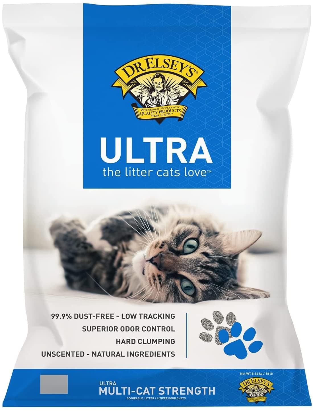 - Dr. Elsey’s Ultra Unscented Premium Bentonite Cat Litter, Dust-Free, Quick Absorption, Low Tracking, Hard Clumping, Superior Odor Control, Multi-Cat Friendly - 8.16kg