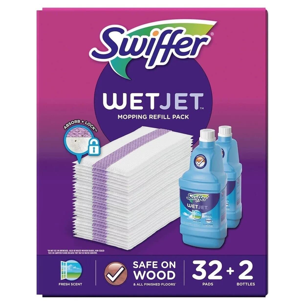 Swiffer Wetjet Mopping Refill Pack (32 Refill Pads + 2-1.25L Bottles of Cleaner)F