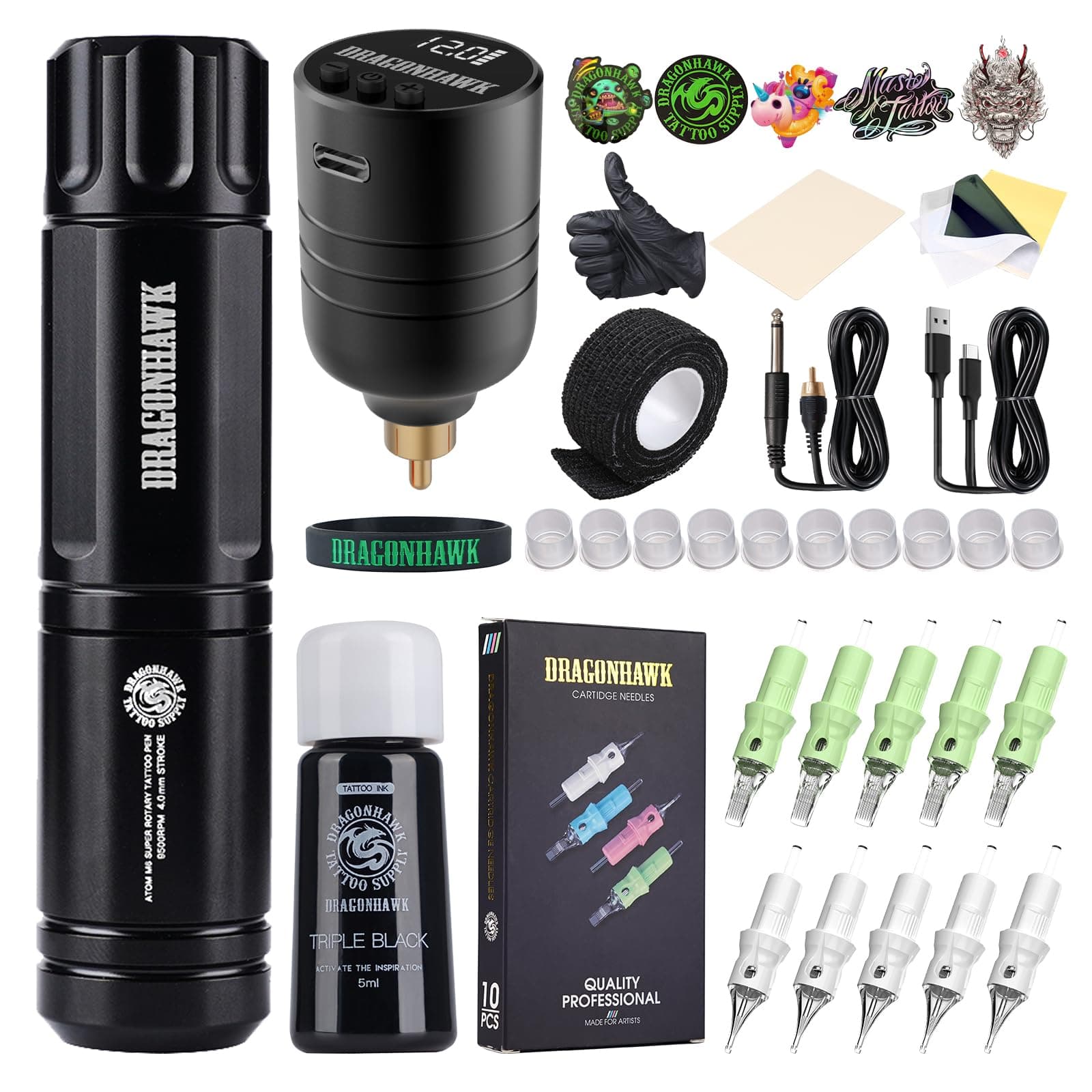 Wireless Tattoo Gun Kit Rotary Tattoo Pen Machine with 1300mAh Rca Cordless Battery 10 Cartridge Needles Complete Supplies Kit for Beginners