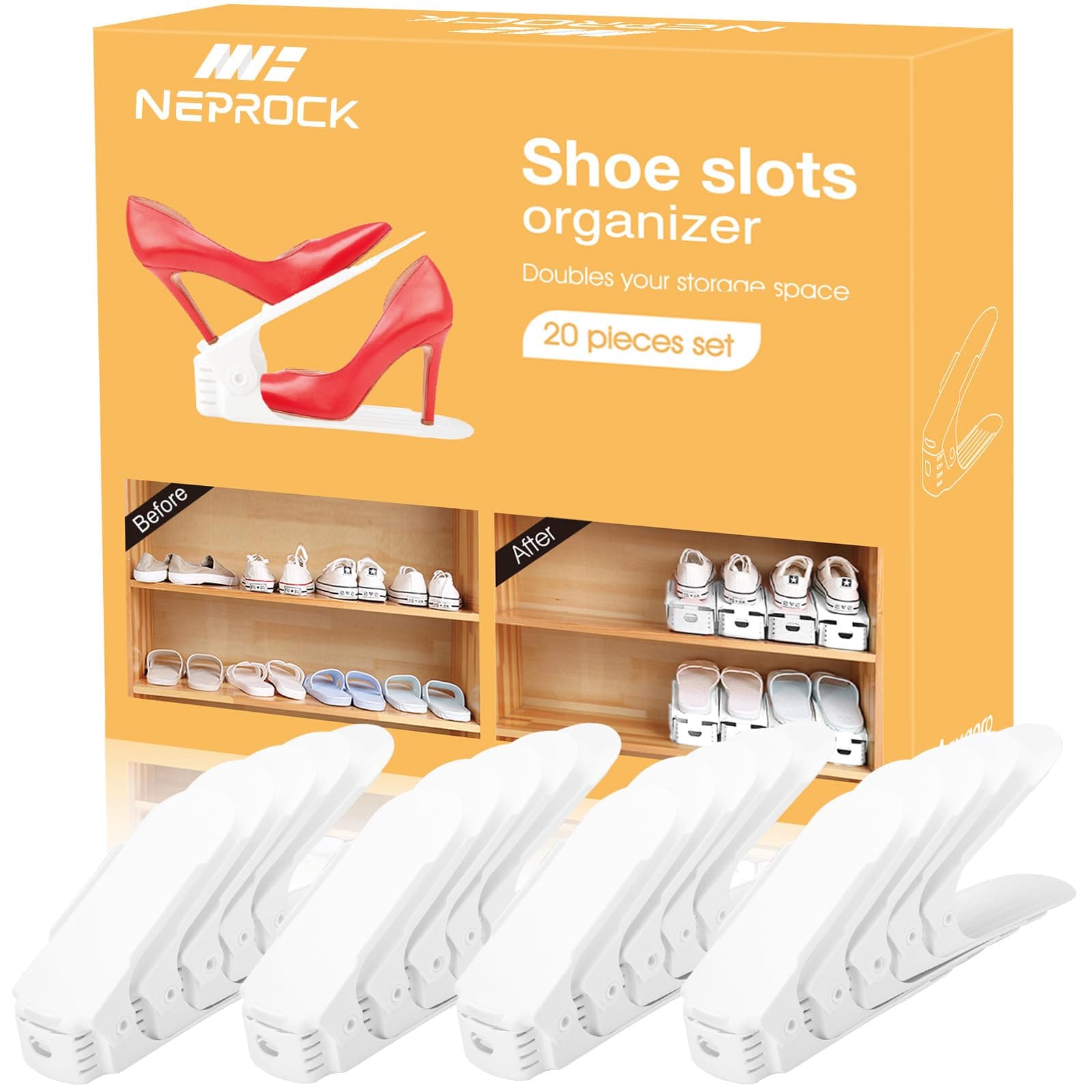 Neprock Shoe Slots Organizer, 20 Pack Adjustable Shoe Rack Stacker Storage Space Saver, Double Deck Shoe Rack Holder for Closet Organization (White)