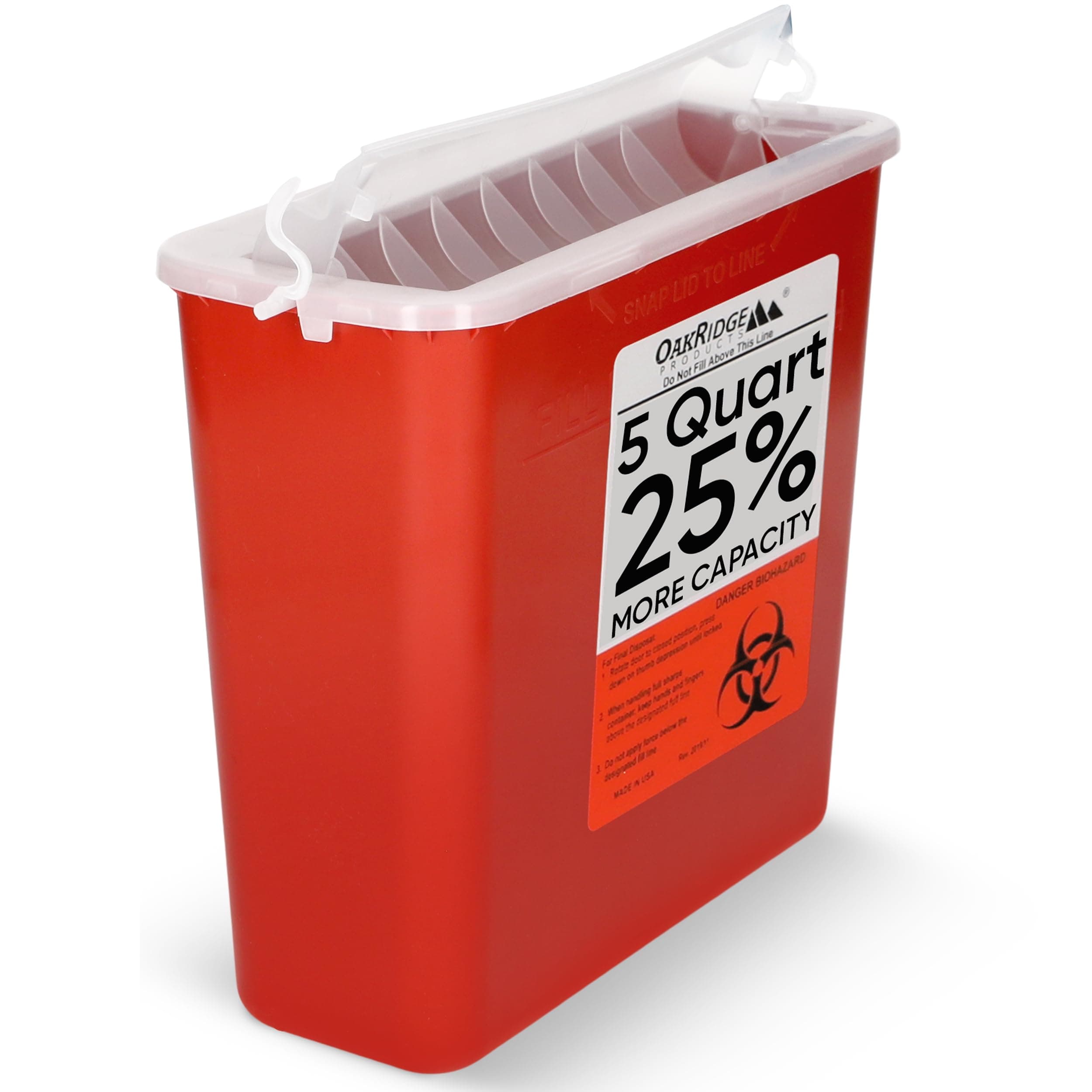 Sharps Container for Home Use and Professional 5 Quart (1-Pack), Biohazard Needle and Syringe Disposal, Horizontal Drop Style Lid with levers, CDC Certified