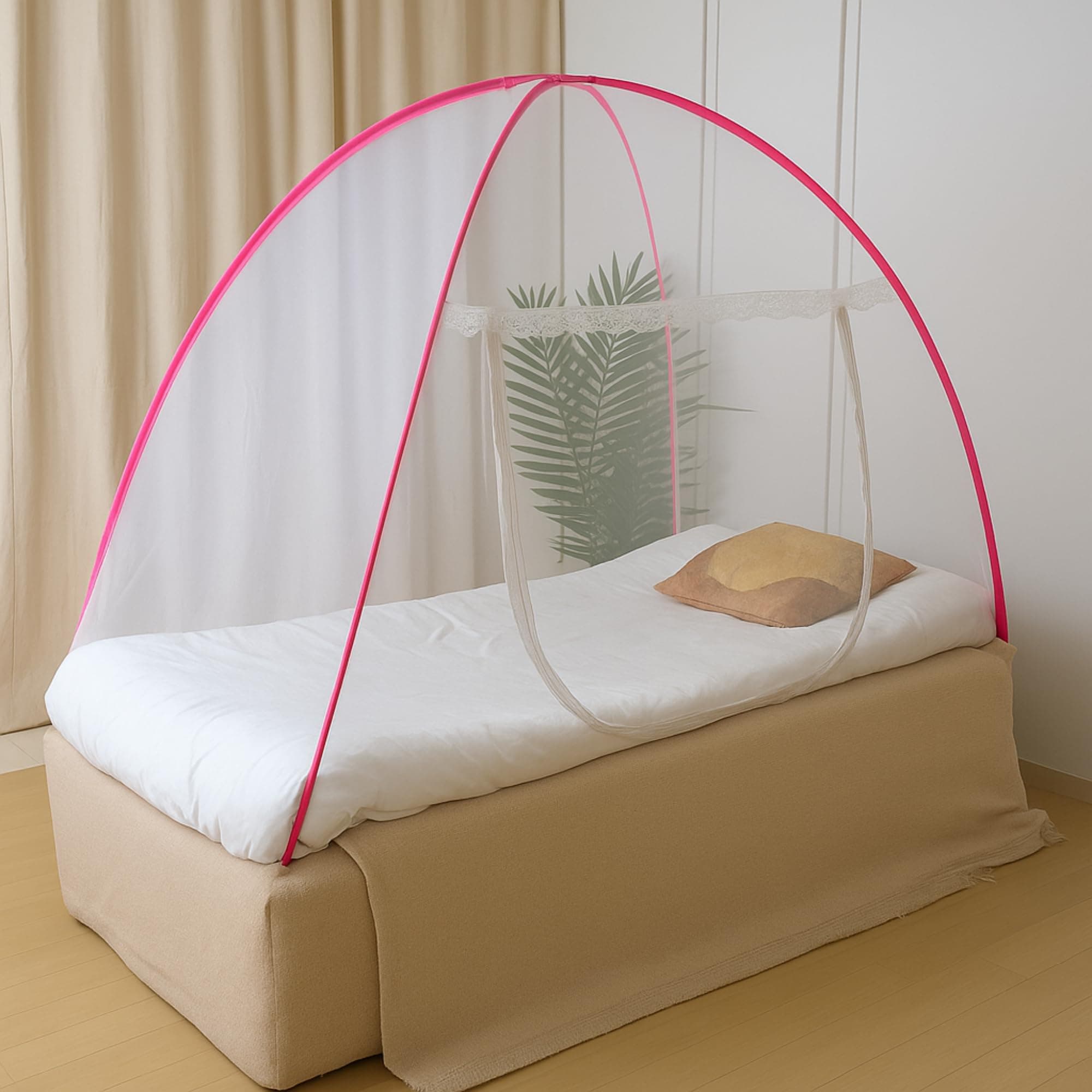 Evafly Mosquito Net for Single Bed Foldable Machardani Polyester Strong Net Flexible Fiberglass Rod Oval Shape -Pink