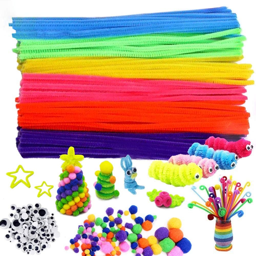 500Pcs Pipe Cleaners Craft Set,Including 100 Pcs Chenille Stems 200 Pcs Pom Poms Craft 200 Pcs Wiggle Googly Eyes Self Adhesive,Assorted Colors and Assorted Sizes for DIY Art Craft