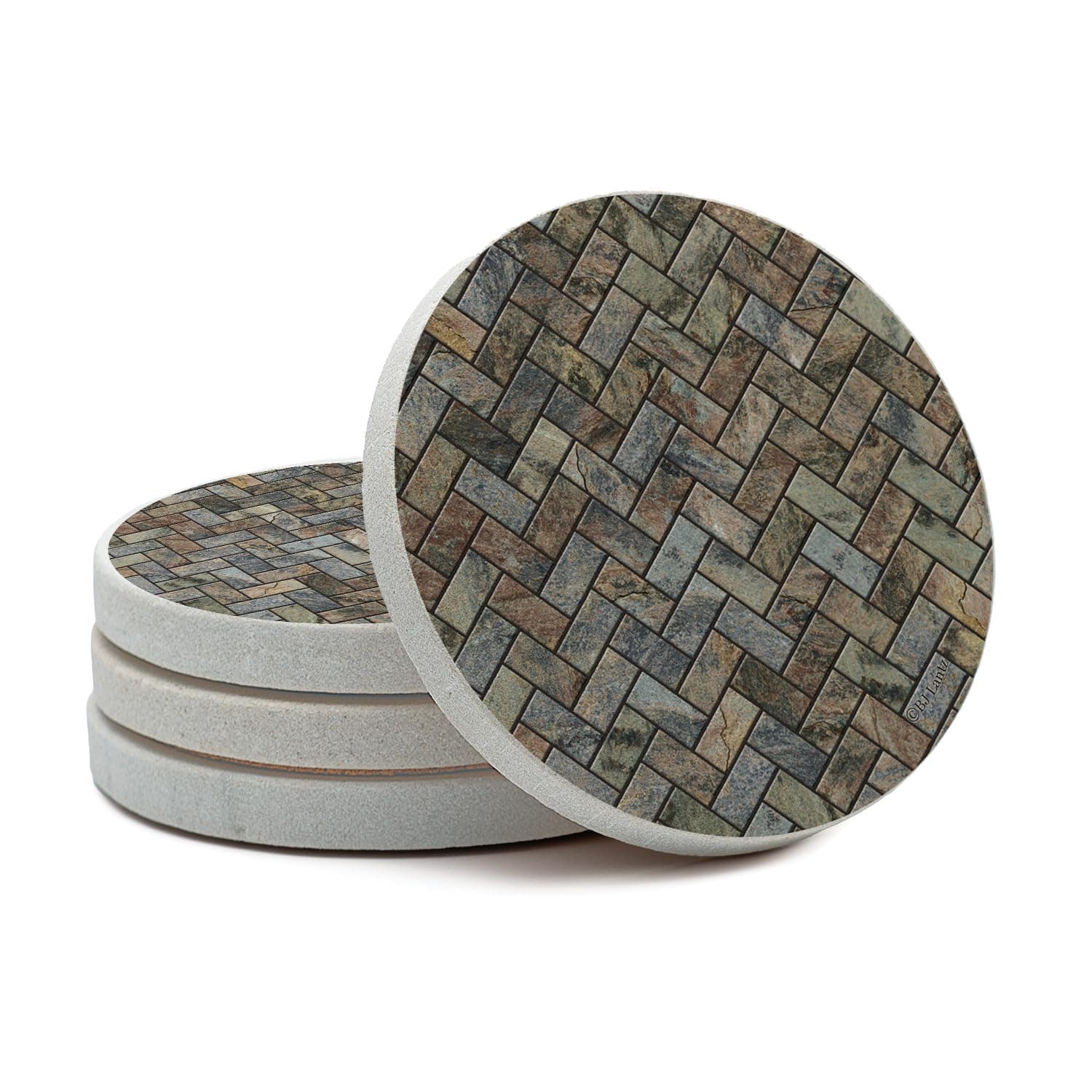 Thirstystone Stone Herringbone Pattern Natural Sandstone Coaster 4 Pack Eco-Friendly, Absorbent, Easily Wipes Clean