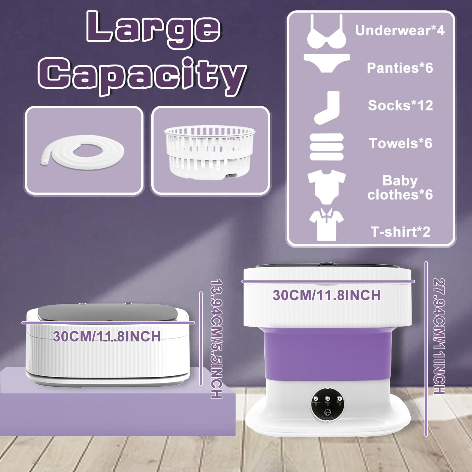 Portable Washing Machine, 16L Mini Washing Machine with 3 Modes, Foldable Collapsible Washer and Dryer with Spin for Travel, Socks, Baby Clothes (Purple)