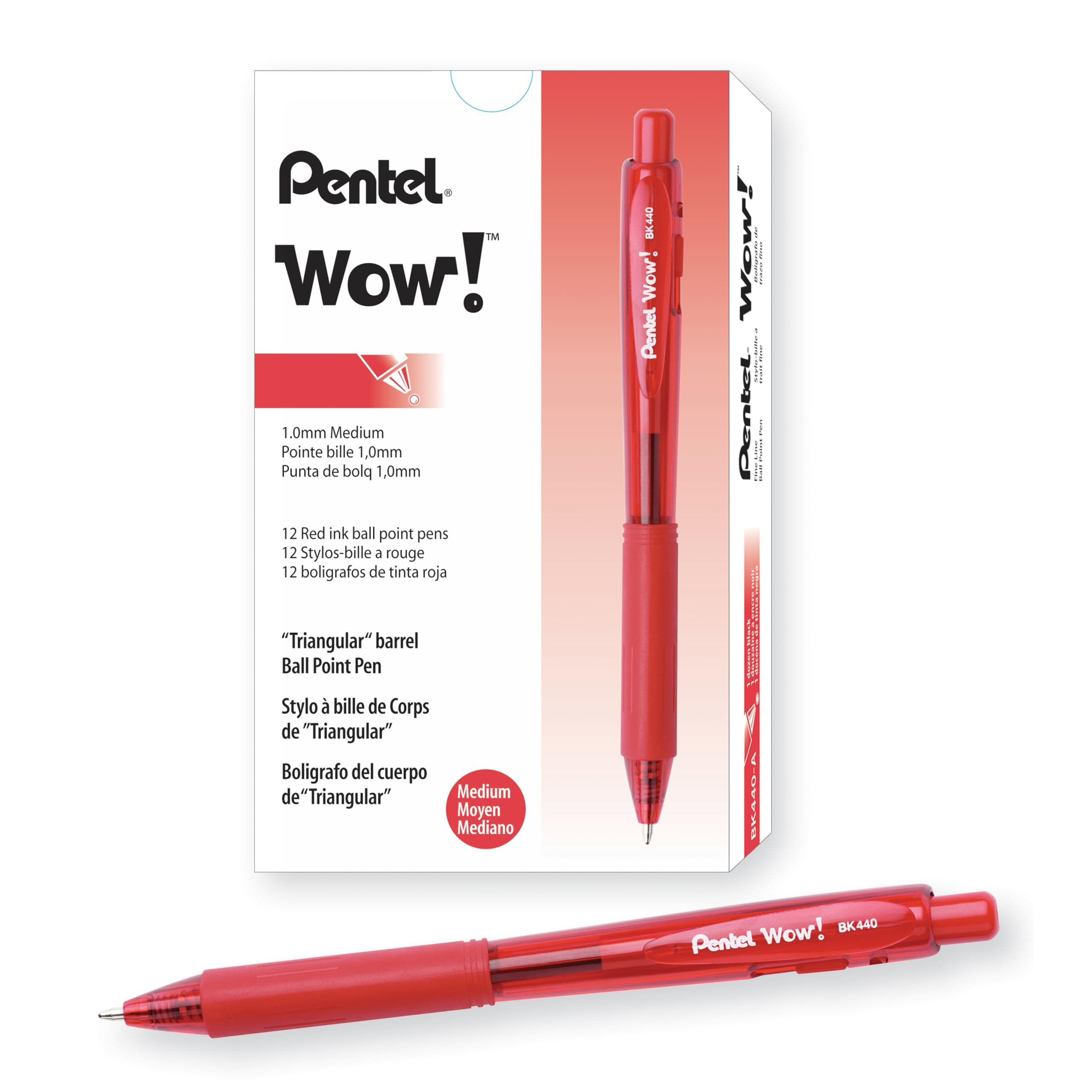 Wow! Retractable Ballpoint Pen, (1.0mm), Medium Line, Red Ink, Box of 12 (BK440-B)