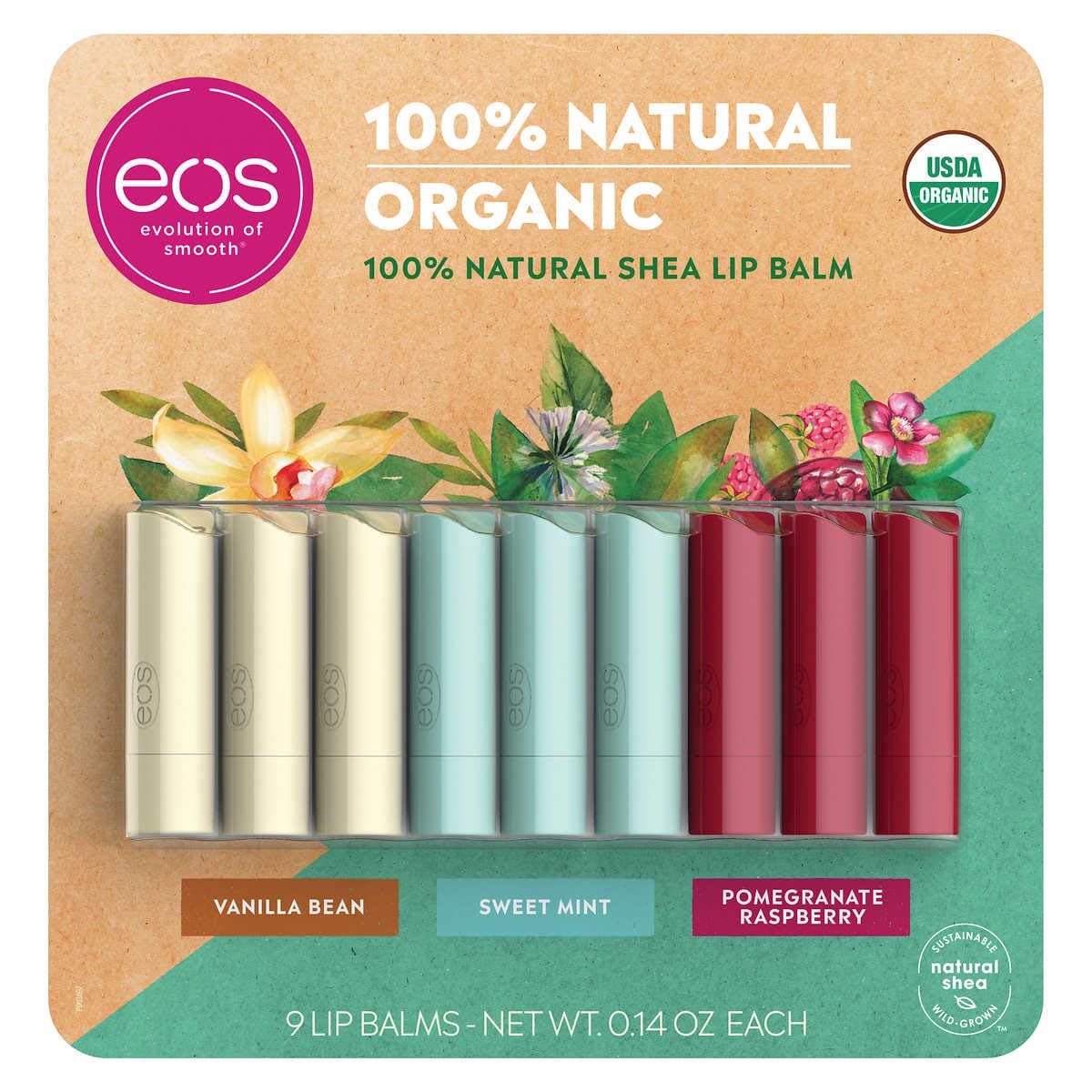Evolution of Smooth Organic Lip Balm Care Collection, 9 Pack - Vanilla Bean, Sweet Mint, Pomegranate Raspberry - Moisturizing