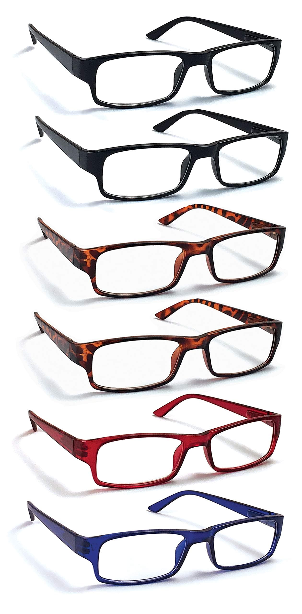 Boost Eyewear 6 Pack Reading Glasses, Traditional Frames in Assorted Colors, for Men and Women, with Spring Loaded Hinges
