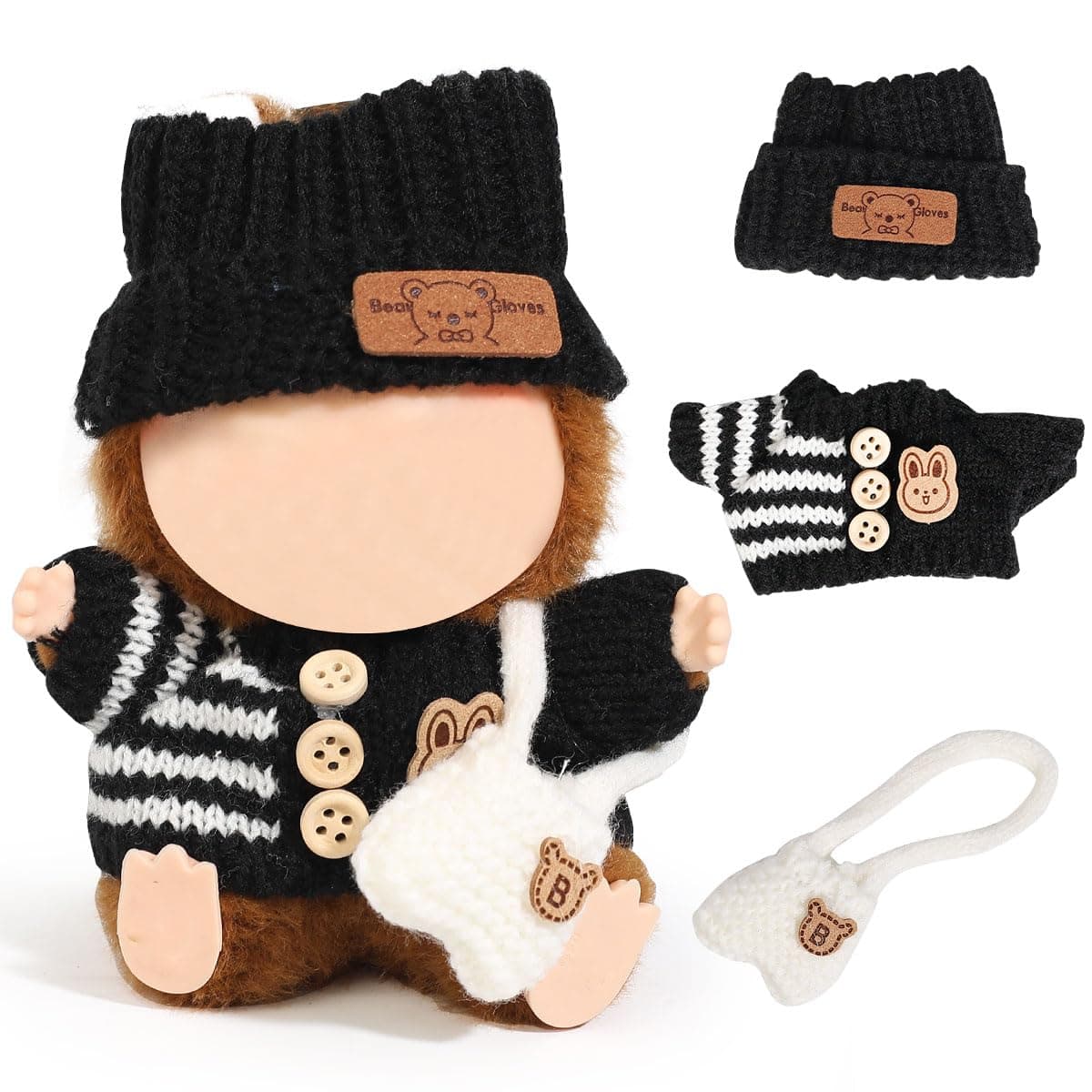 Clothes for Labubu(NO Doll), 3 Pcs Set Hat Clothes Backpack for Standing/Sitting LABUBU or Any 17cm/6.7inch Doll (Black Hat/Black Clothes/White Bag)