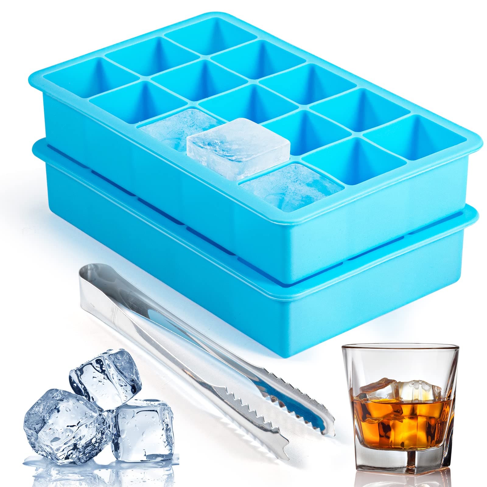 2 Pack Ice Cube Trays, Silicone Ice Cube Trays Molds，Easy Release Flexible Ice Cube Molds 15 Ice Cubes Tray for Freezer，Cocktail，Whiskey，Reusable & BPA Free