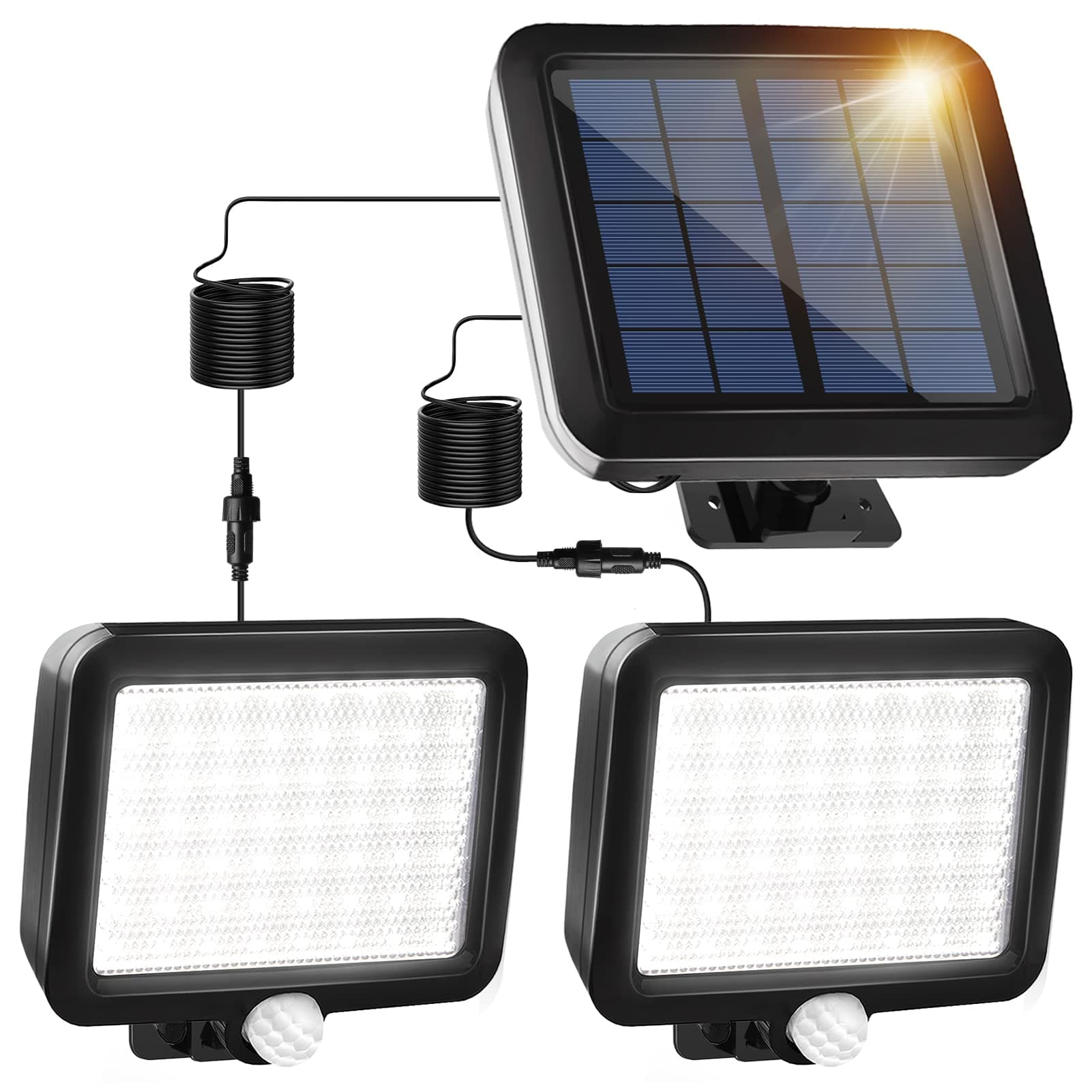 Solar Lights Outdoor Indoor Motion Sensor, Solar Security Lights with 56 LED Dual Lamps, 16.5ft Separated Cables IP65 Waterproof with 3 Lighting Mode Solar Lights for Barn, Garage, House, Pool