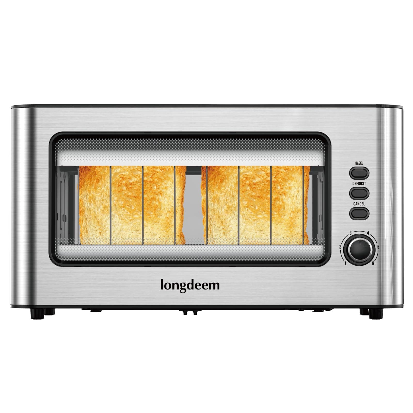 LONGDEEM 2 Slice Toaster 1.75" Extra Wide Slots, See-Through Window 6-Shade Settings & Bagel/Defrost/Cancel Function, Removal Crumb Tray & Under Base Cord Storage (Silver)
