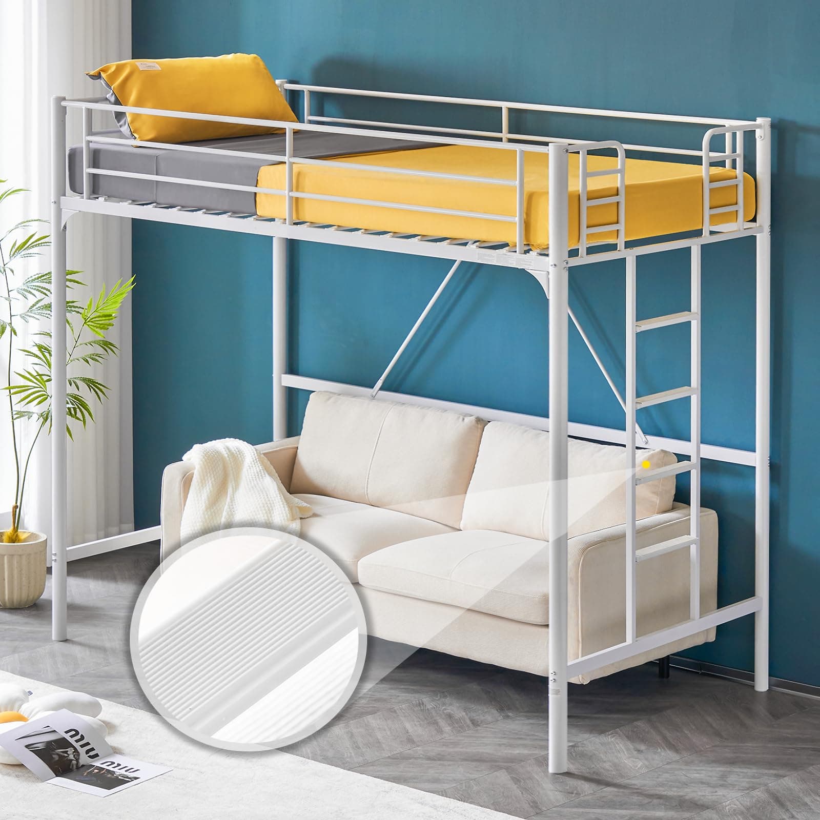 Loft Bed Twin for Kids Loft Bunk Bed Frame with Stairs/Flat Ladder Rung,Metal Single Loft for Adults, No Box Spring Required, White
