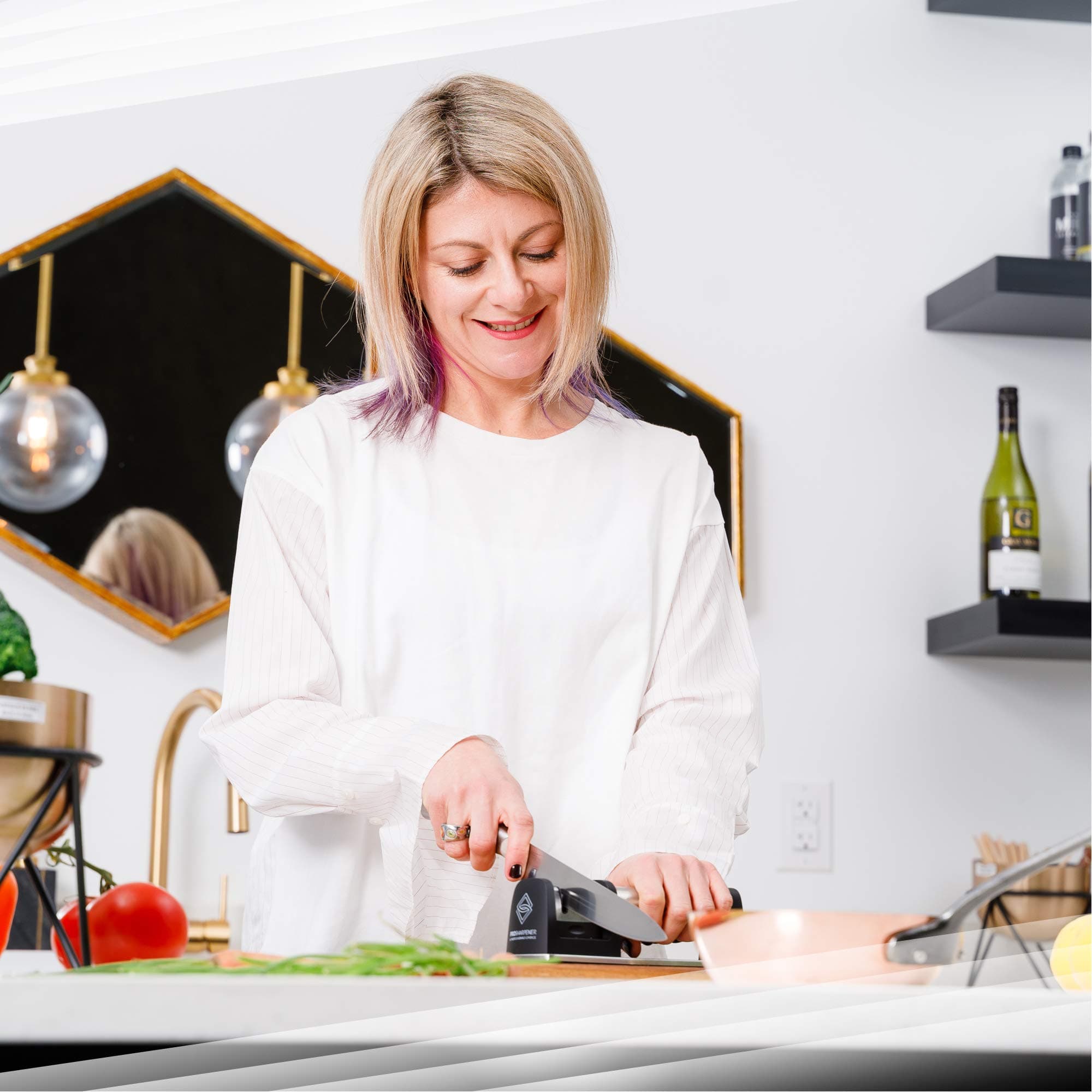 Manual Knife Sharpener 2 Stage Kitchen Accessory, Non-Slip Base, Stainless-Steel, Straight and Serrated Knives, Including Diamond Life-time Guarantee