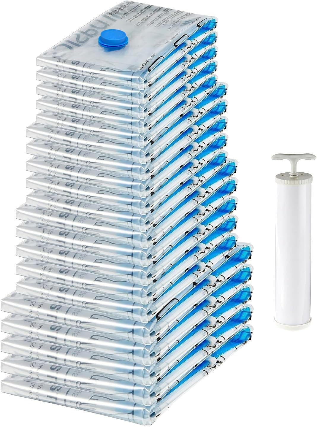 Amazon Basics Vacuum Compression Zipper Storage Bags with Hand Pump, 20 Count, 4 Pack of 5 (Small, Medium, Large & Jumbo), Multiple, Clear