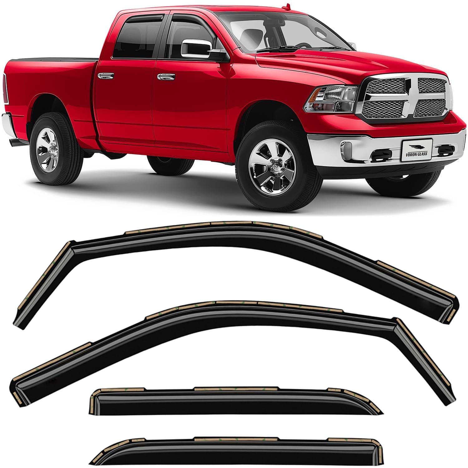 Voron Glass in-Channel Extra Durable Rain Guards for Trucks Dodge RAM 2009-2018 Crew Cab/Dodge Ram 1500 Classic 2019-2024 Crew Cab, Window Deflectors, Vent Window Visors, 4 Pieces - 220010