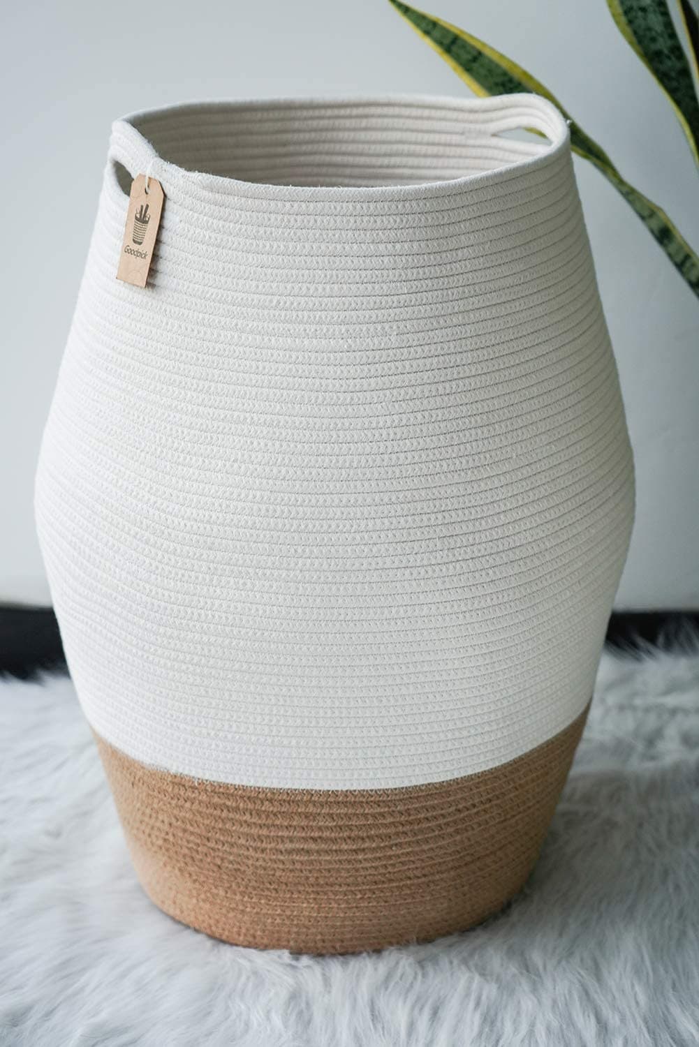 Large Laundry Hamper | Tall Wicker Hamper Laundry Basket, Soft Cotton Rope Woven Hamper, Farmhouse Design Graceful Basket 25.6 Inches Height