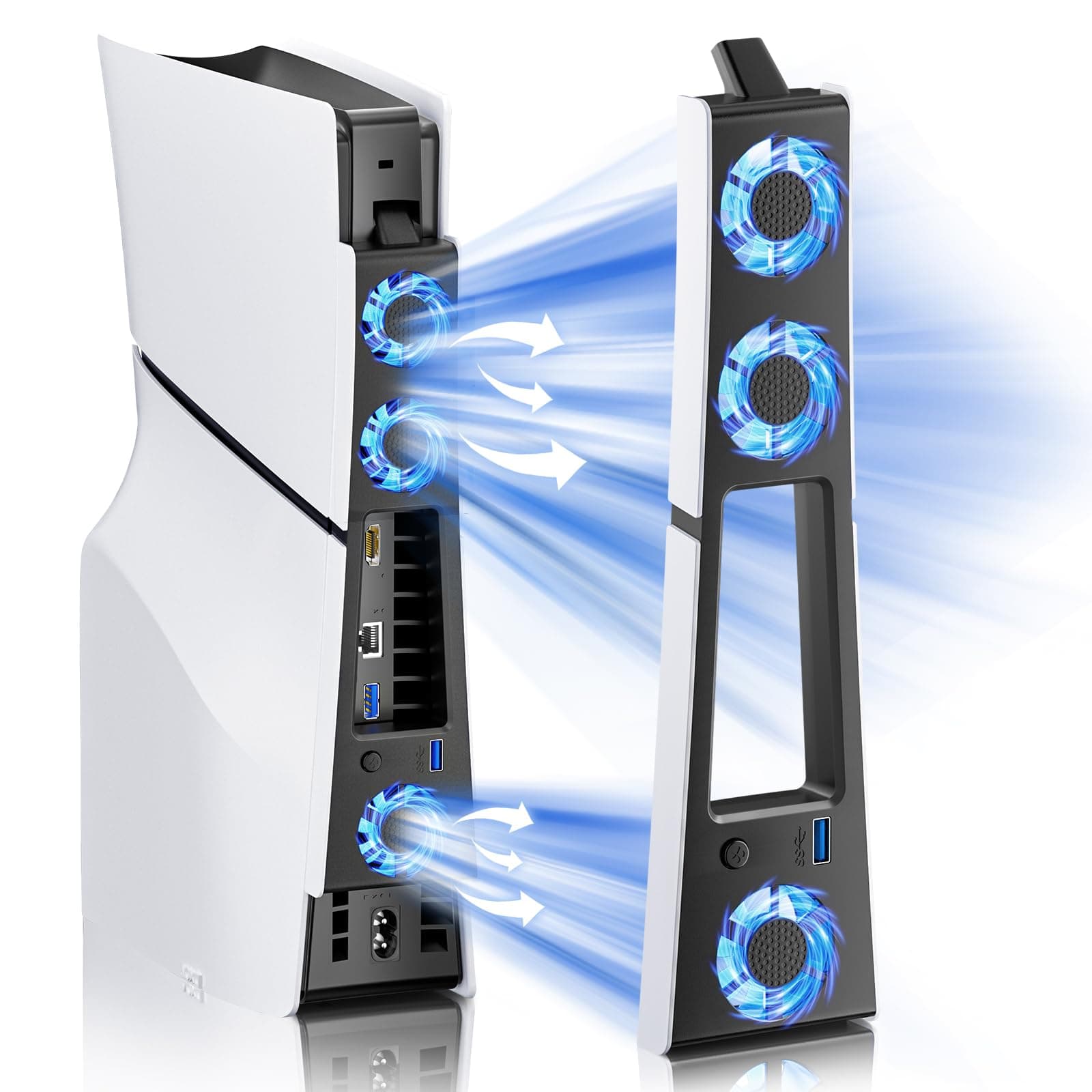 BRHE PS5 Slim Cooling Fan,Quiet Cooling System for PS5 Slim Digital/Discs Edition with 3 Fans/USB 3.0 Port,PS5 Slim Cooler Accessories with LED Light，Not for PS5 2020 and PS5 Pro