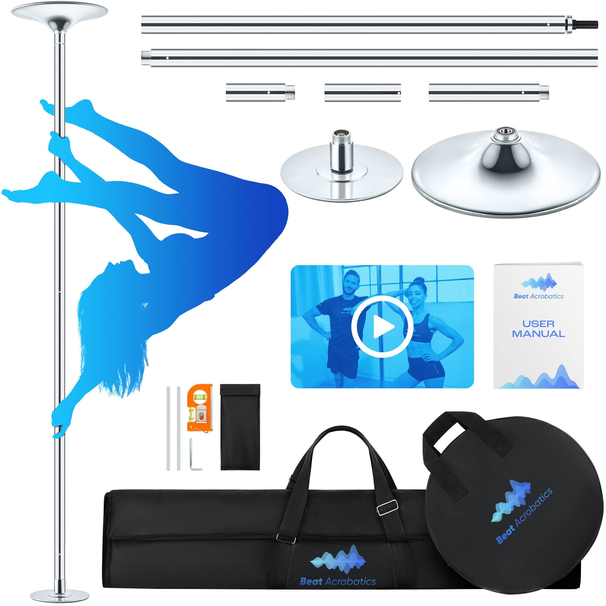 BEAT ACROBATICSPole Dancing Pole for Home | A Strong Portable Dance Pole with Extensions | Spinning/Static | Silicon Rings Protecting Floor and Ceiling (87"-108")