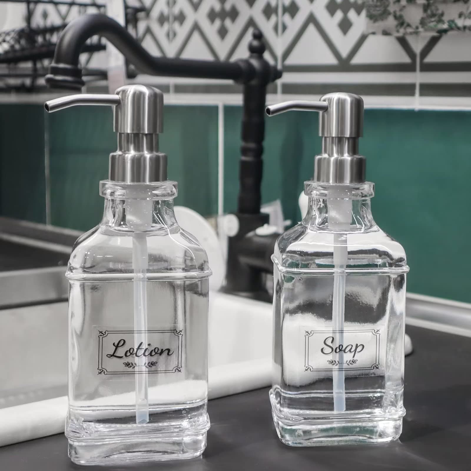 2 Pack Soap Dispenser with 1 Foldable Funnel, 500ml Glass Pump Bottle Dispenser with 8 Pcs Waterproof Labels, 18 Oz Pump Bottle with Stainless Steel Pump for Kitchen, Bathroom, Countertop, Transparent