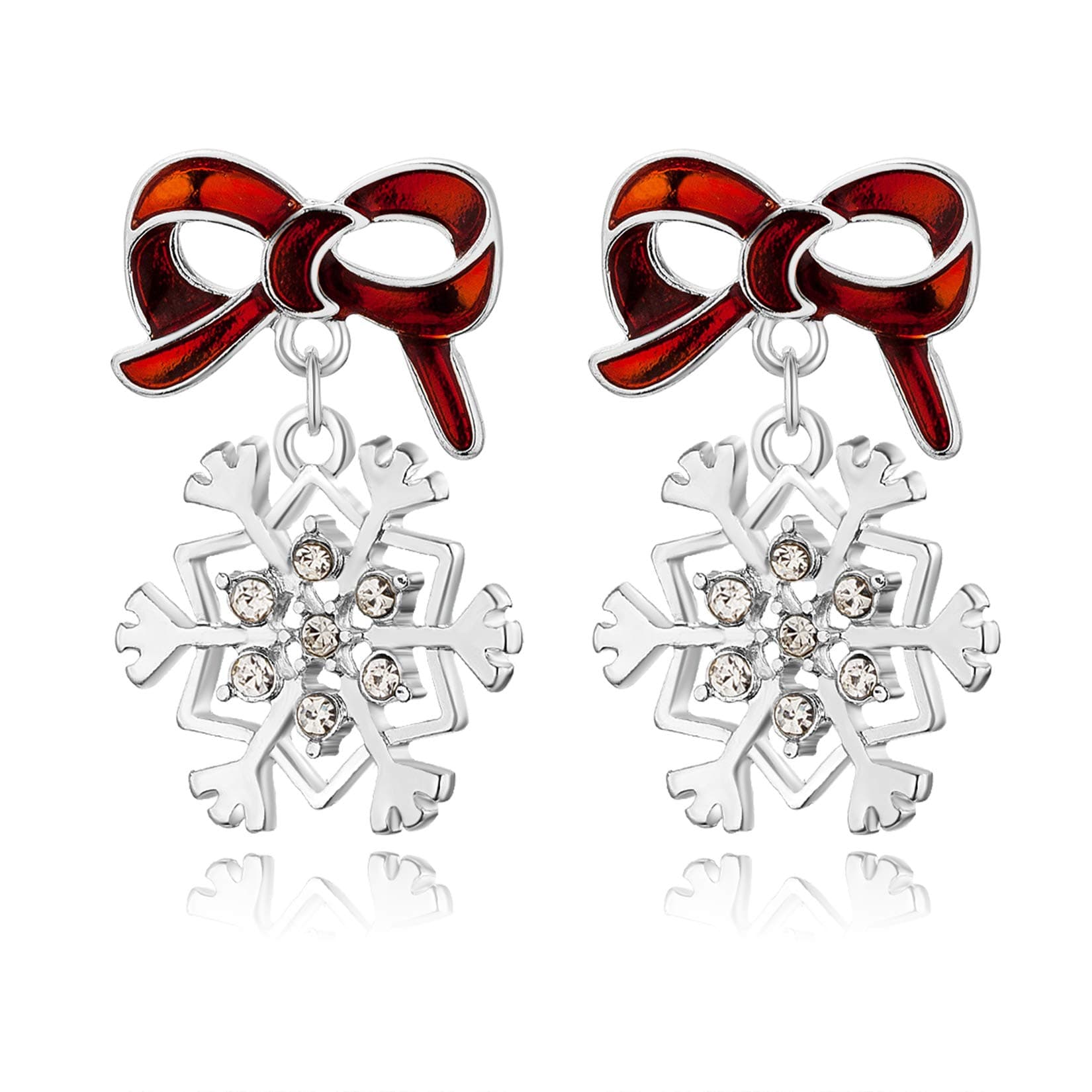 RareLoveRed Bowknot with Snowflake Christmas Piercing Dangle Stud Earrings CZ Rhinestone Silver Plated Alloy Holiday Jewelry For Women Girls