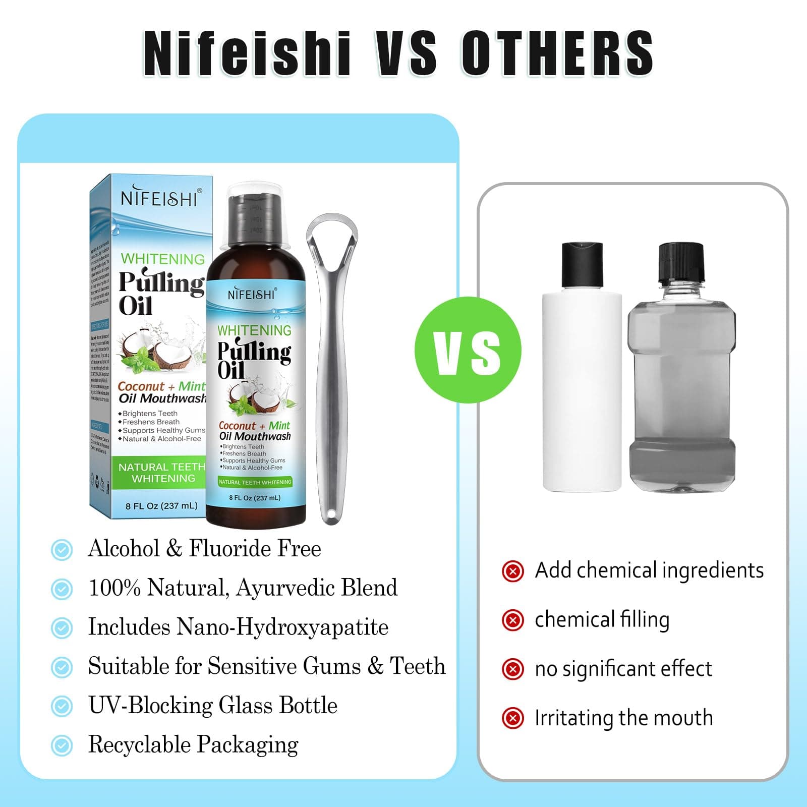 NIFEISHI Coconut Pulling Oil (8 Fl.Oz), Mint Oil Pulling Mouthwash with Tongue Scraper, Natural Alcohol Free Mouthwash Teeth Whitening & Gum Health, Fresh Breath, Coconut Oil Pulling for Healthier