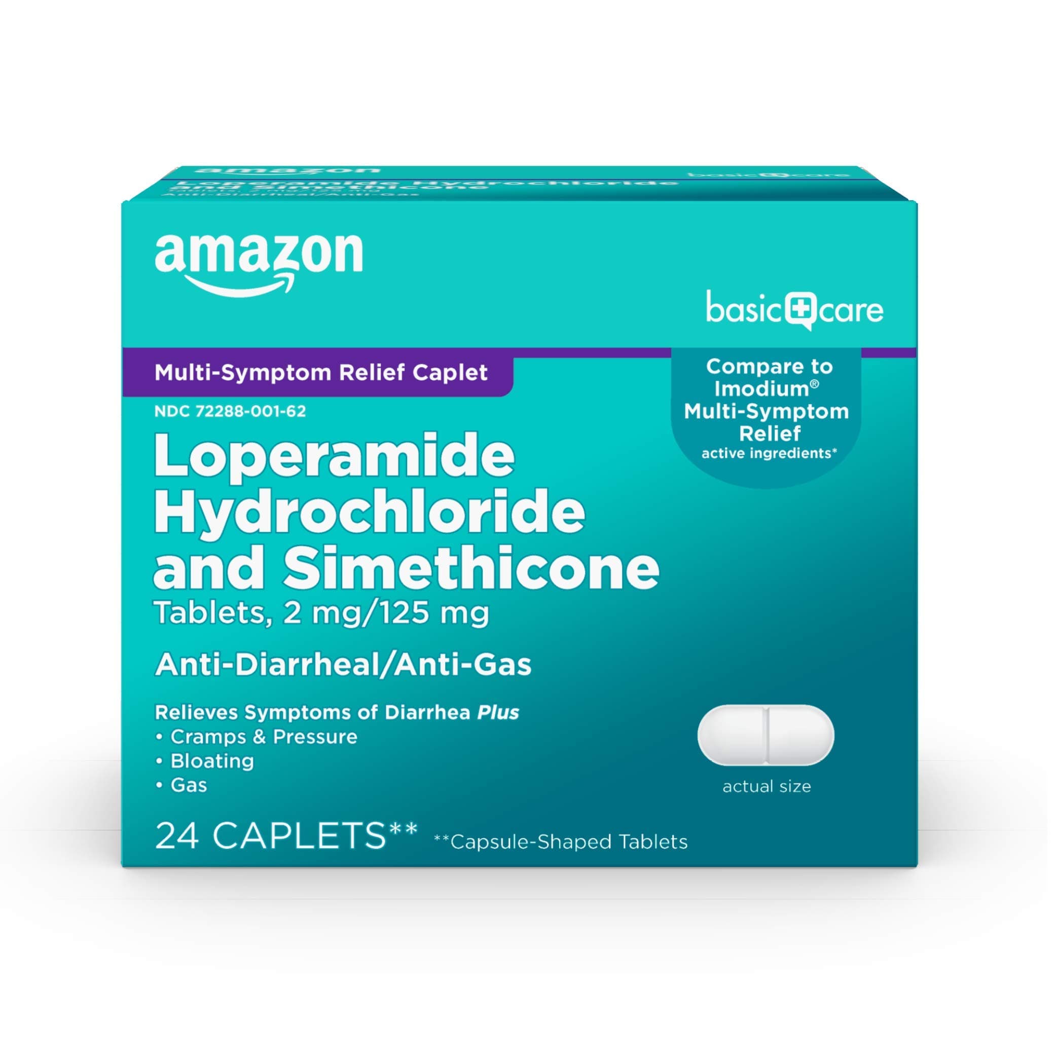 Amazon Basic Care Loperamide Hydrochloride 2 mg and Simethicone 125 mg Tablets, Multi-Symptom Relief, Anti-Diarrheal, Bloating and Cramps, Gas Relief, 24 Count