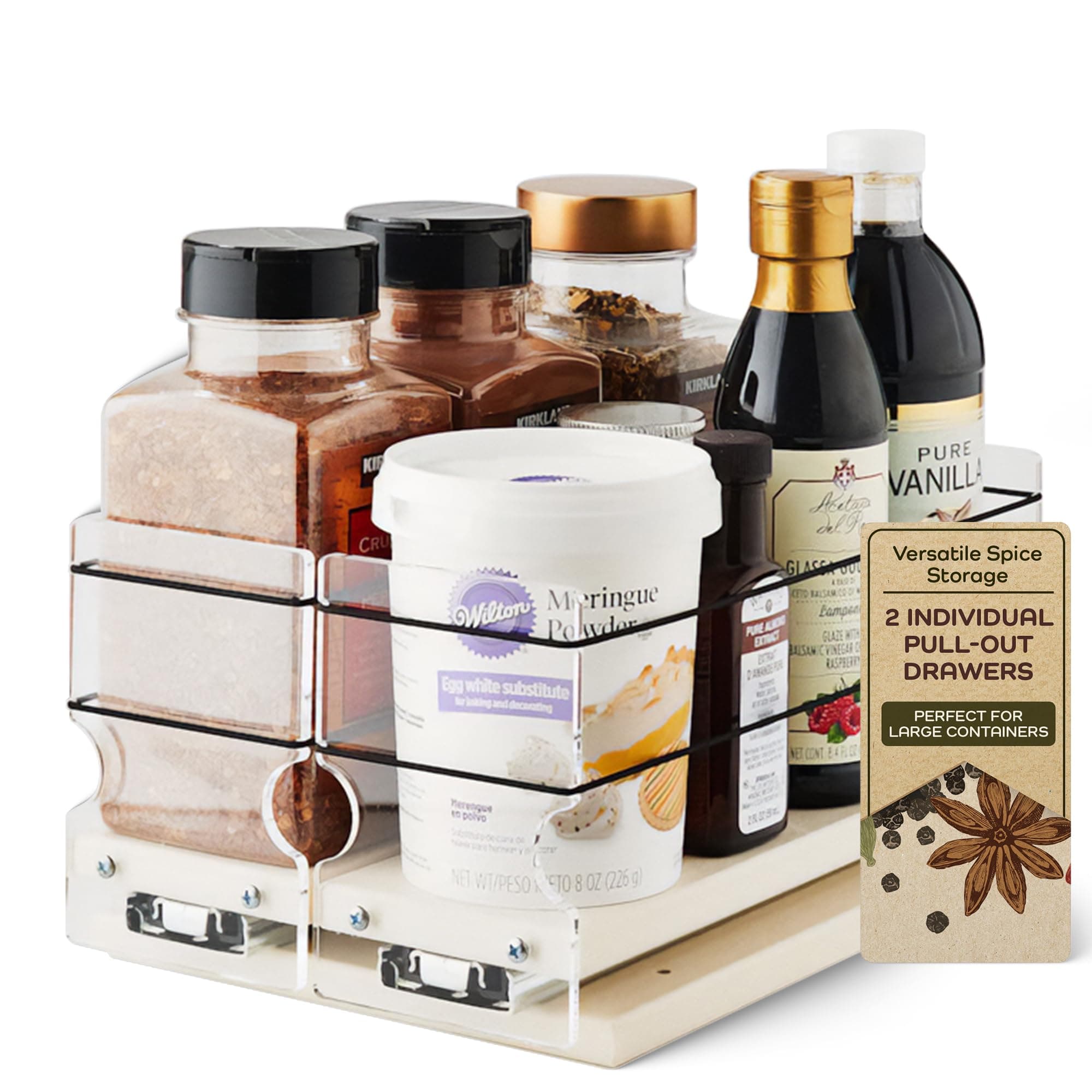 Vertical SpiceLarge Pullout Sliding Spice Rack Organizer - 2 Individual 1 Tier Drawers - Premium Rolling Seasoning Holder/Caddy for Hidden Pantry Storage - Made in USA (6.9''W x 5.0" H x 10.6''D)