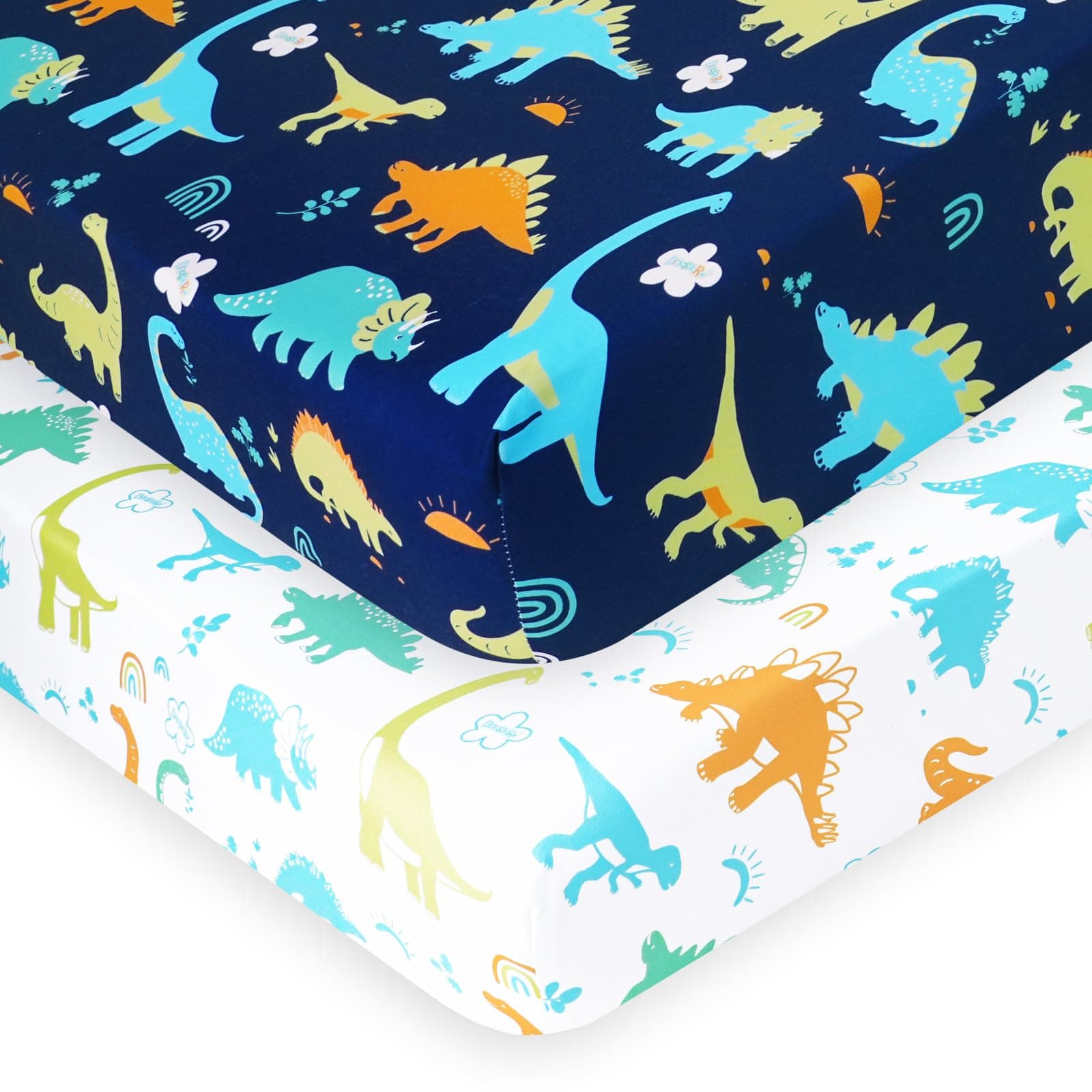 Soft Crib Sheet Fitted, 2 Pack Baby Sheets for Boys Girls, 28x52x9in Fits Standard Crib and Toddler Mattresses, Silky Comfy Breathable Polyester Baby Mattress Sheets, Dinosaur