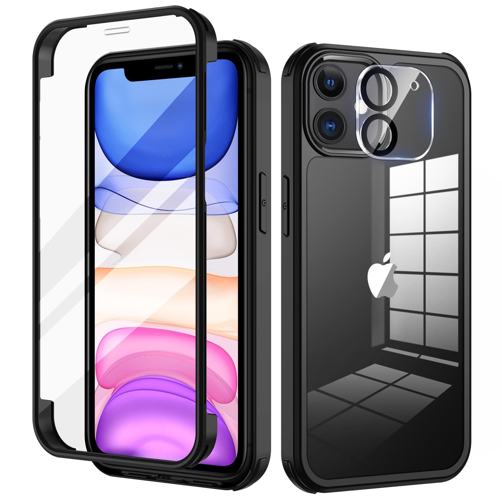 seacosmo for iPhone 11 Case 6.1 Inch, Full-Body Shockproof Case with Built-in Glass Screen Protector and Camera Lens Protector Rubber Bumper Phone Cover iPhone 11 - Black/Clear