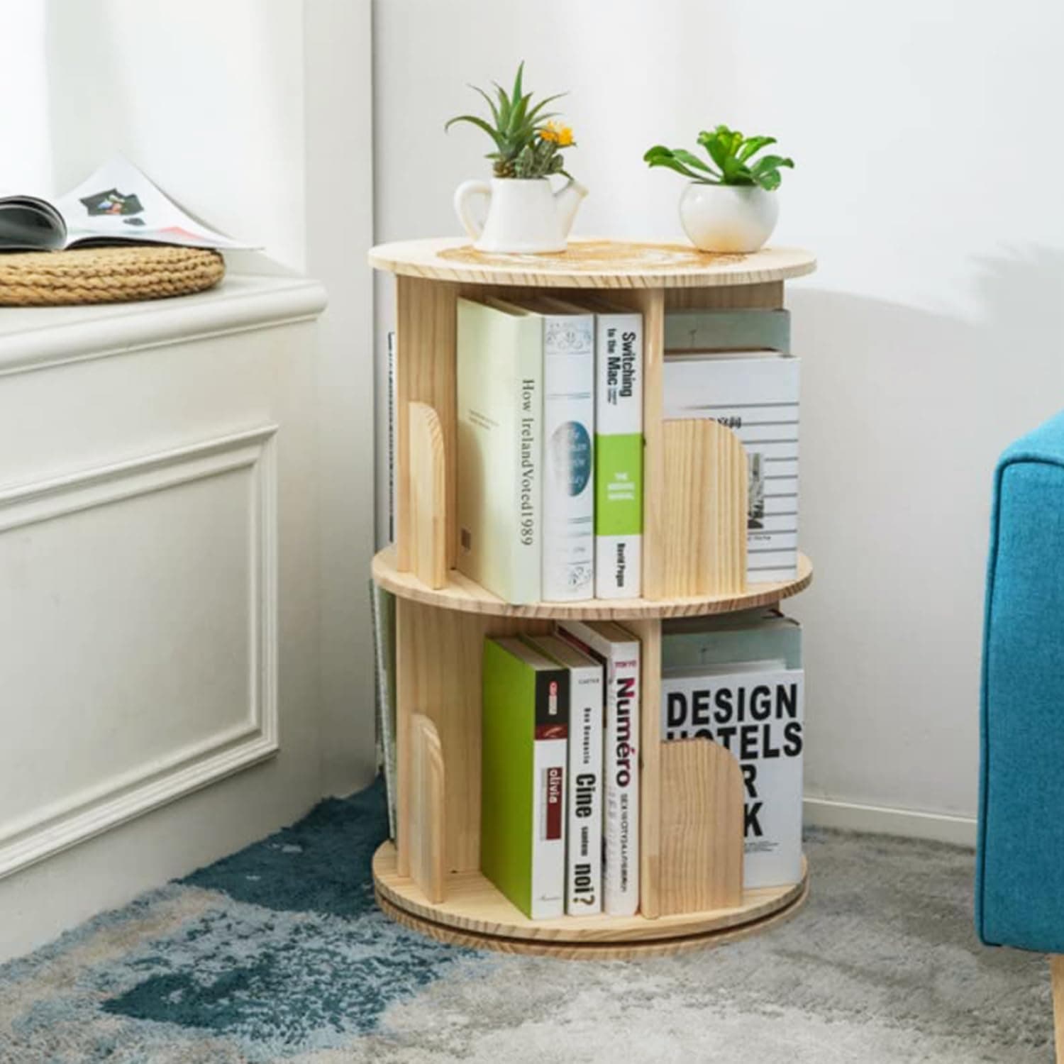 Rotating Bookshelf, Small Corner Bookshelf for Small Space, Natural Solid Wood 360 Display 2 Tier Floor Standing Bookcase Storage Rack, Narrow Book Shelf Organizer for Bedroom, Living Room