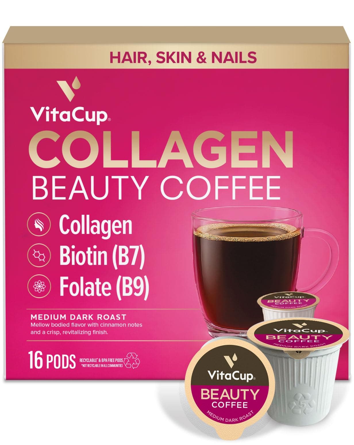 VitaCup Beauty Collagen Coffee Pods for Hair, Skin & Nails, with Biotin & Folate, Medium Dark Roast, Keto Friendly, Single Serve Pod Compatible with Keurig K-Cup Brewers,16 Ct