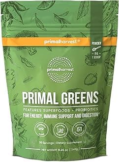 Primal Harvest Super Greens Powder, 30 Servings w/+50 Greens Superfood Chlorella, Probiotics, Green Tea, Wheatgrass, Kale, Turmeric, Green Superfood Powder for Energy - Primal Greens Green Powder…