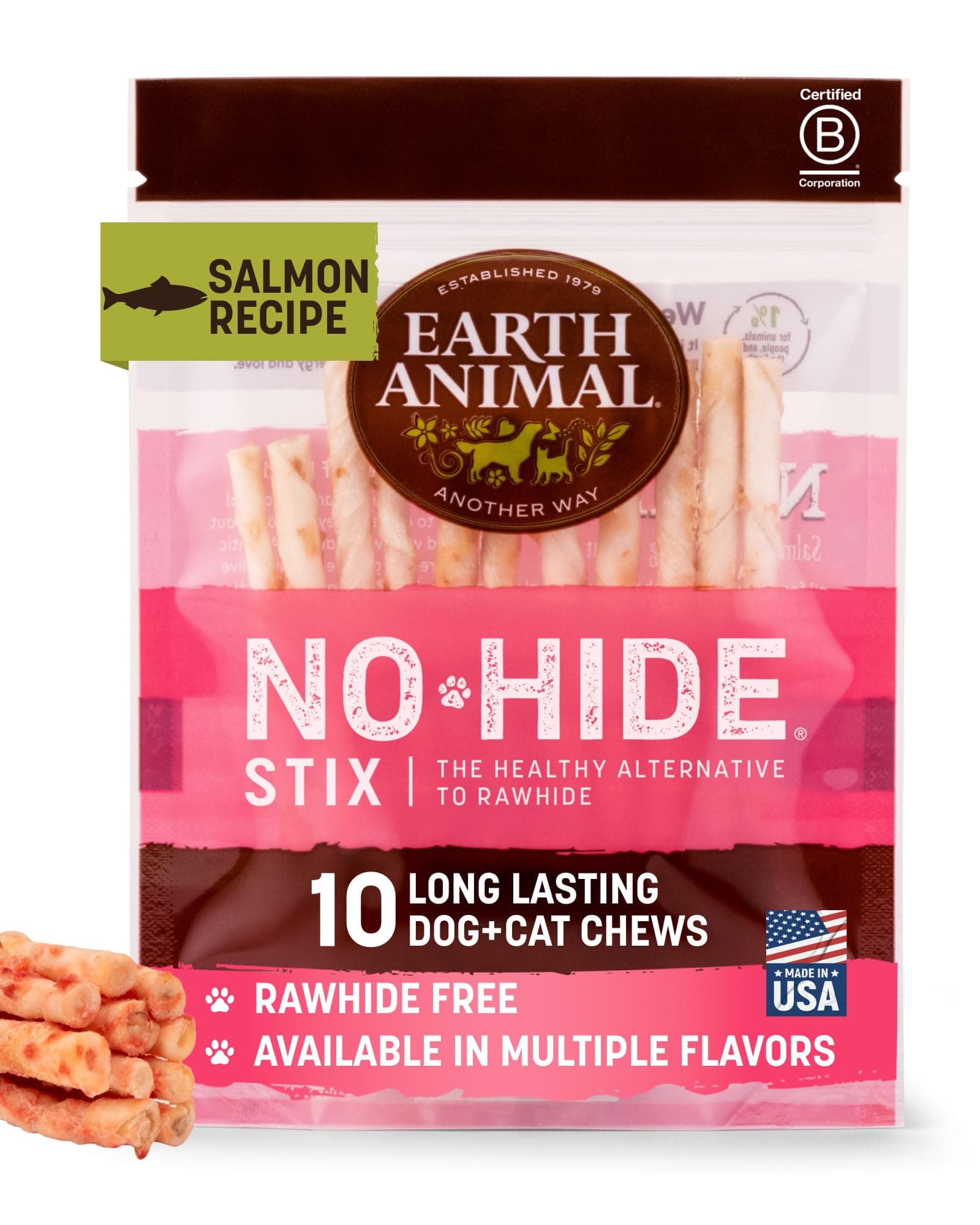 No Hide Stix - Long Lasting Rawhide Free Small Dog Chews Sticks, Salmon - 10 Count
