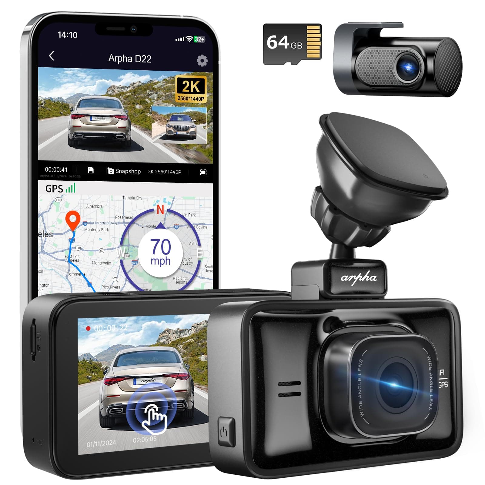 ARPHA D22 Dash Cam Front and Rear, 2K+1080P Dual Dash Camera for Cars, Dashboard Dashcam with 3'' Touch Screen, Built-in WiFi, GPS, Voice Control, WDR Night Vision 24H Parking Mode, Free 64GB Card