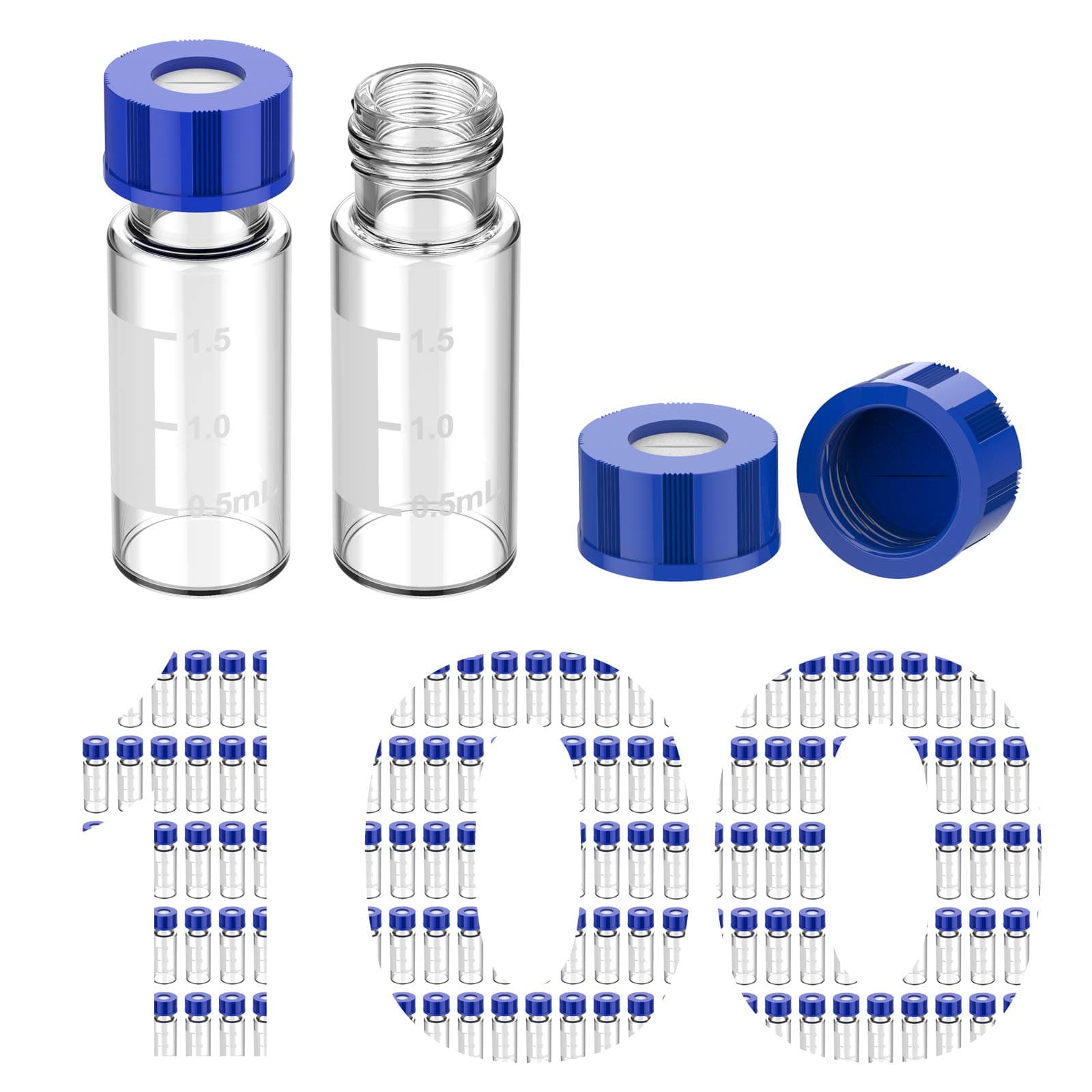 100 Pcs Autosampler Vials, 2Ml Hplc Sample 9-425 Vial Clear Glass Bottles With Write-On Spot, Graduations, 9Mm Blue Abs Screw Caps & Septa For Gc Vials