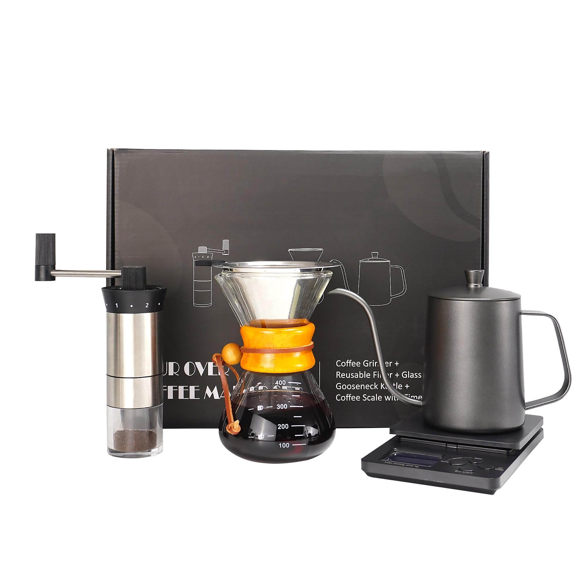 SuperCook Pour Over Coffee Kit Dripper Set, All in One Set Includes Gooseneck Kettle, Reusable Filter, Coffee Server, Manual Grinder, Coffee Scale, Ideal for Anniversary Birthday Gift