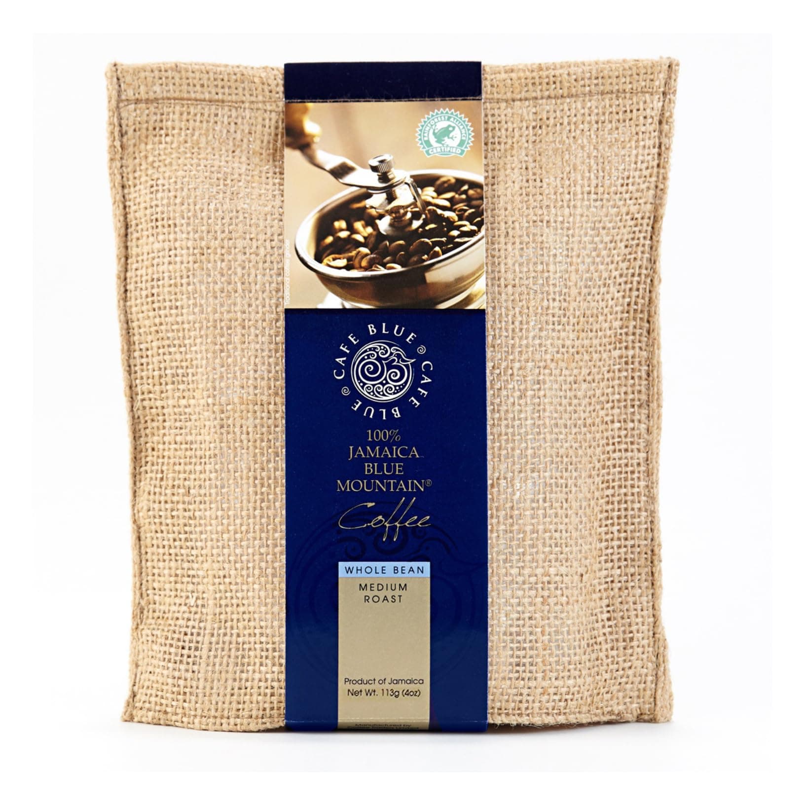 Cafe Blue 100% Authentic Jamaica Blue Mountain Coffee from Clifton Mount Estate, 100% Pure Arabica, Medium Roast, Whole Bean, in a 4 Ounce (113 Gram) Bag