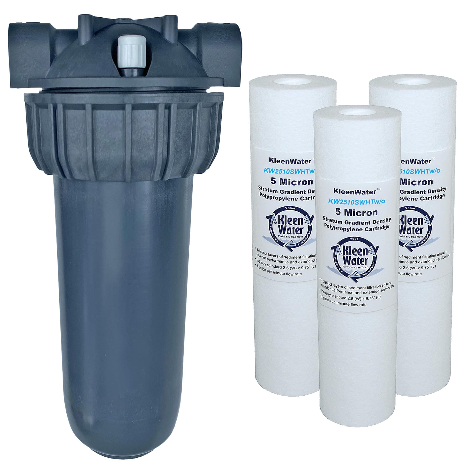 KleenWater Hot Water Filter (1), Mounting Bracket (1), High Temp Cartridges, 5 Micron (3), Spare O-ring (1), Filter Wrench (1)