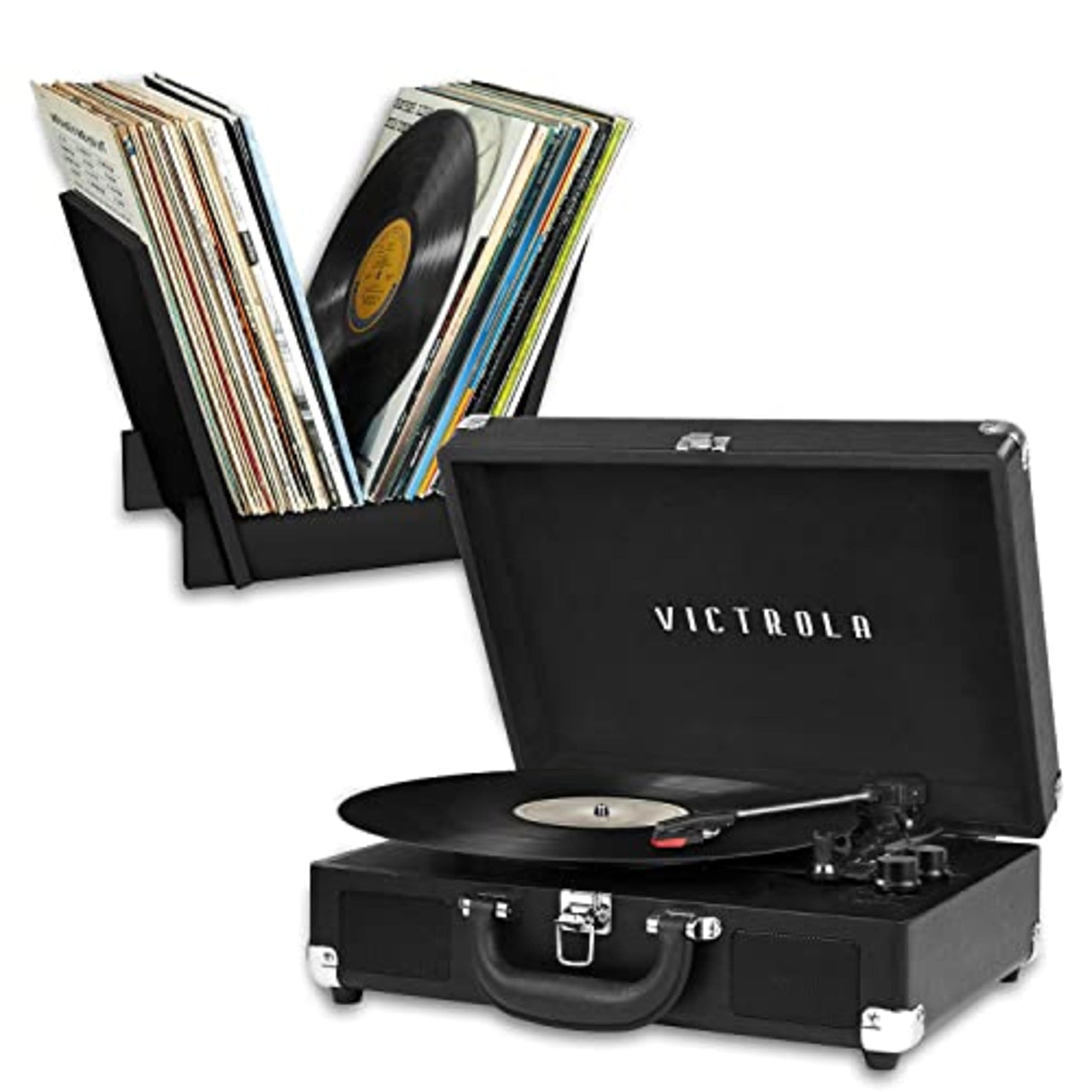Journey+ Bluetooth Suitcase Record Player with Matching Record Stand