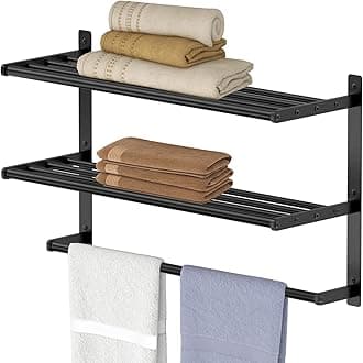 3-Tier Towel Shelf with Bar, 24 Inch Wall Mounted Holder for Bathroom, Metal Matte Black Lavatory Rails, Waterproof and Rustproof