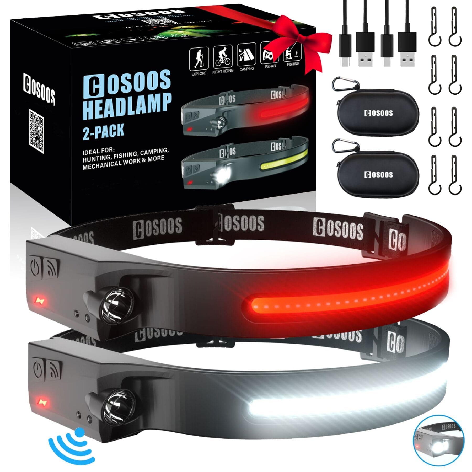 COSOOS Original 2 Rechargeable Headlamp Flashlight w/Red Light & Carry Case,1000 Lumen Bright LED Head Lamp Wide Beam, Motion Sensor, 2.4 oz Lightweight Headlight for Hiking & Camping Gear