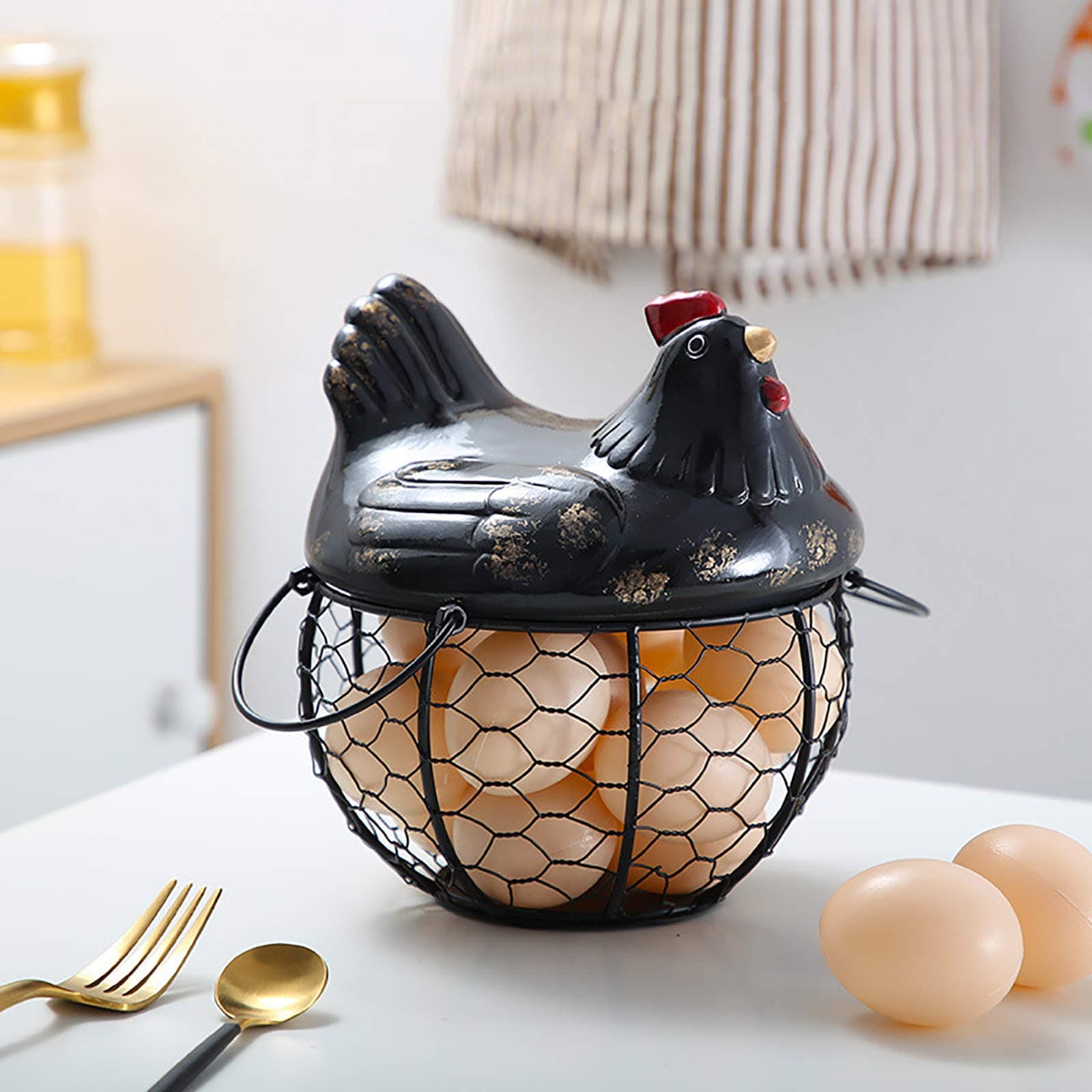 Egg Storage Basket & with Ceramic Chicken Cover & Kitchen Holder Basket Organizer Storage & Metal Wire Egg Basket Eggs Holder & Hen Design Iron Basket Holds Display Rack Farmhouse Decor (Black)