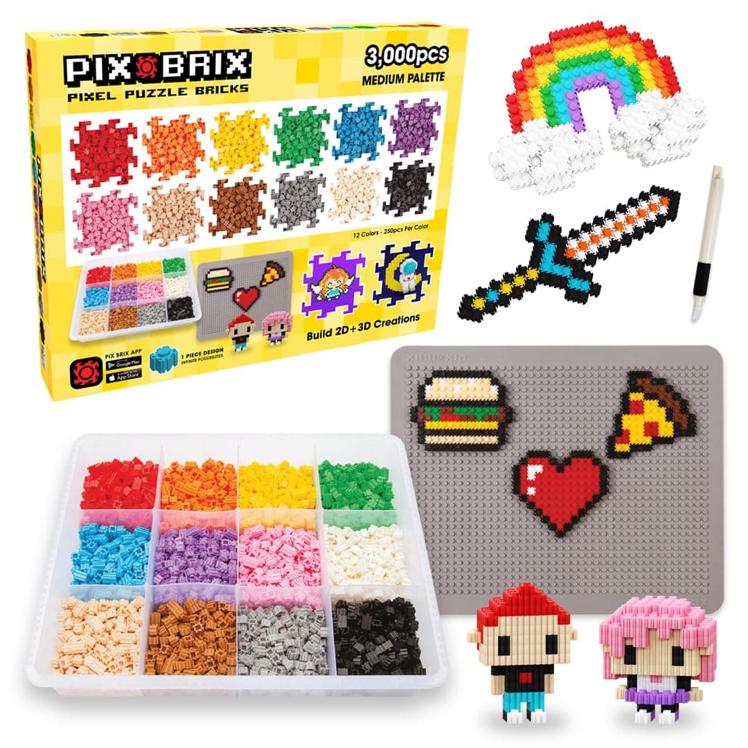 Pixel Art kit Puzzle Bricks - 3,000 Piece Pixel Art Container, 12 Color Medium Palette - Interlocking Building Bricks, Create 2D and 3D Builds Without Water or Glue - Stem Toys, Ages 6 Plus