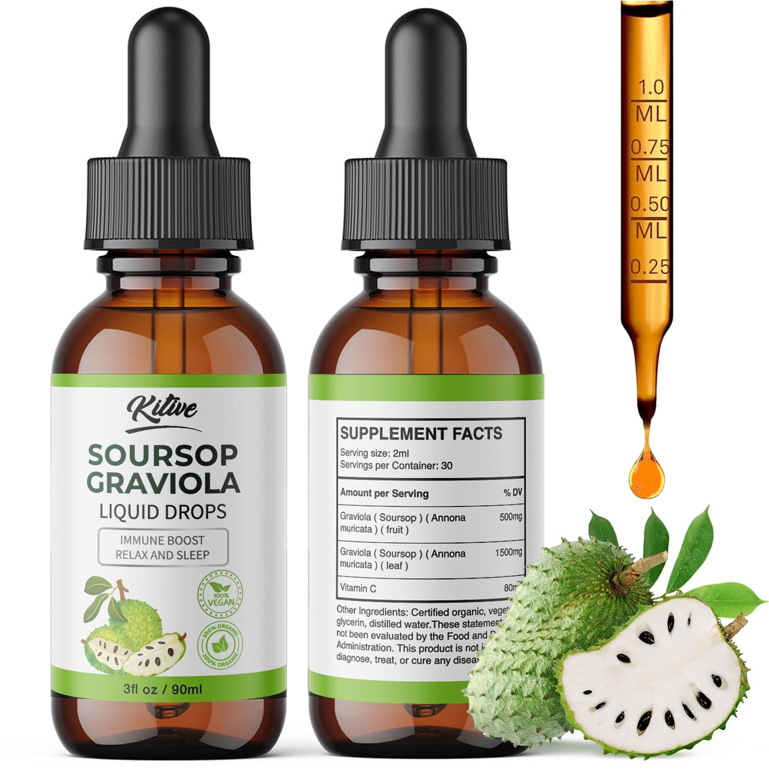 Soursop Graviola Liquid Drop, Soursop Graviola Extract for Cell Support & Regeneration, Immune Boost, Relaxation, Liver and Sleep, for Men & Women 3 Fl Oz