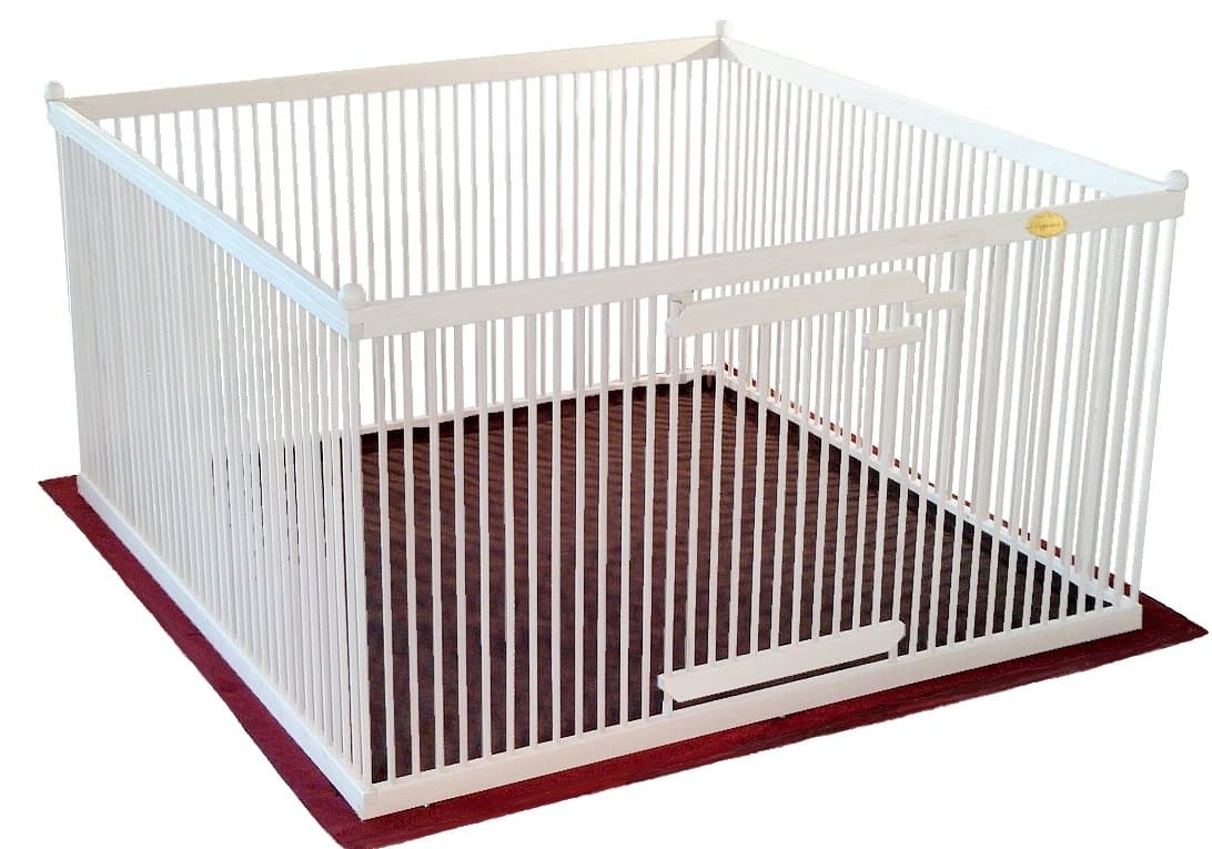 Pupperton P44-MA-WH-L-BRBK-PN Solid American Maple Indoor Pet Exercise Pen with Left-hinged Gate and Brown Inside/Black Outside Floor Mat, 4' W x 4' L x 26" H, White Finish