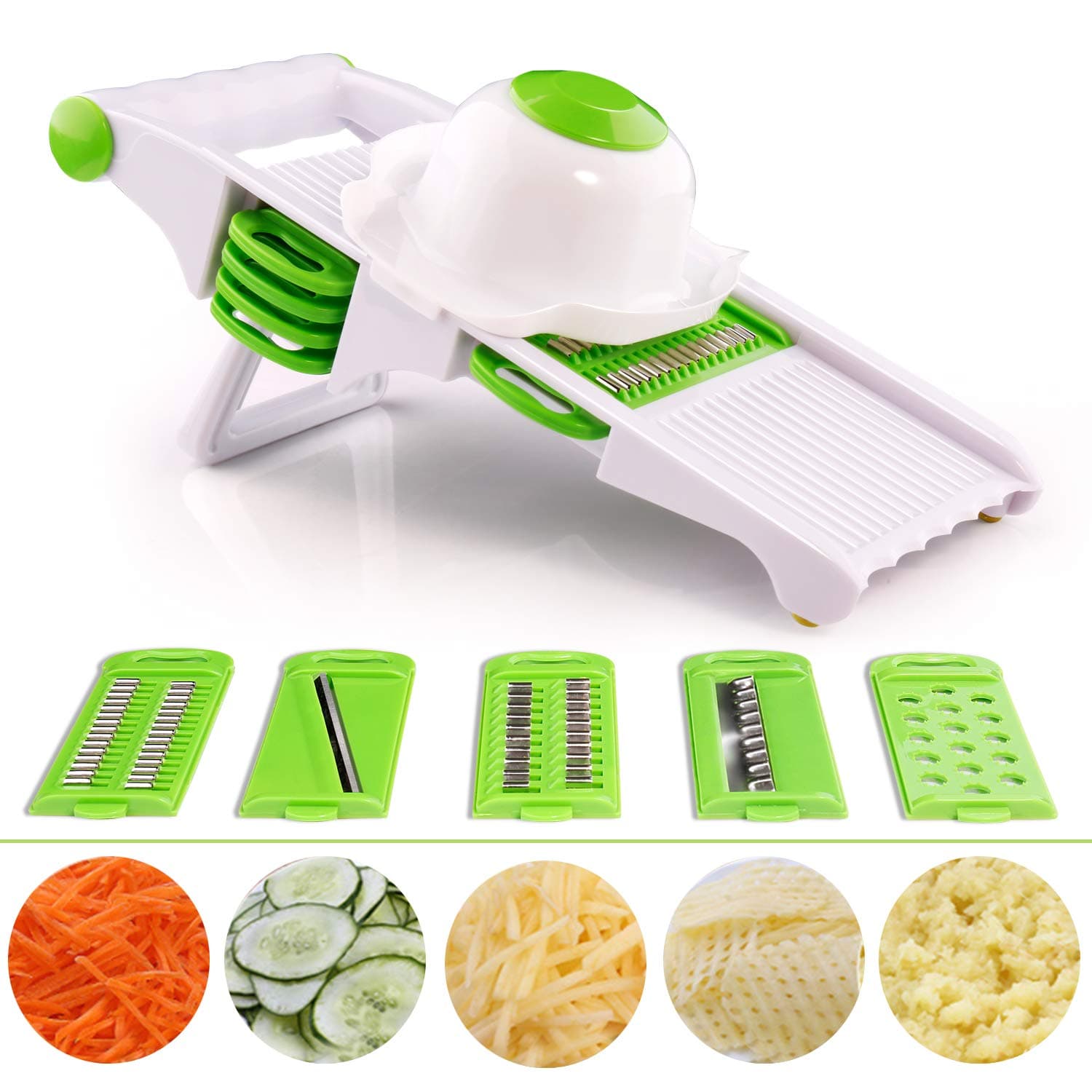 Vegetable Chopper Mandoline Slicer Dicer Professional 5-in-1 set, 5 Sharp Stainless Steel Blades with Safety Grip - Slicer & Grater & Cutter & 2mm / 3mm Julienne for Vegetable, Cheese, Onion, Food