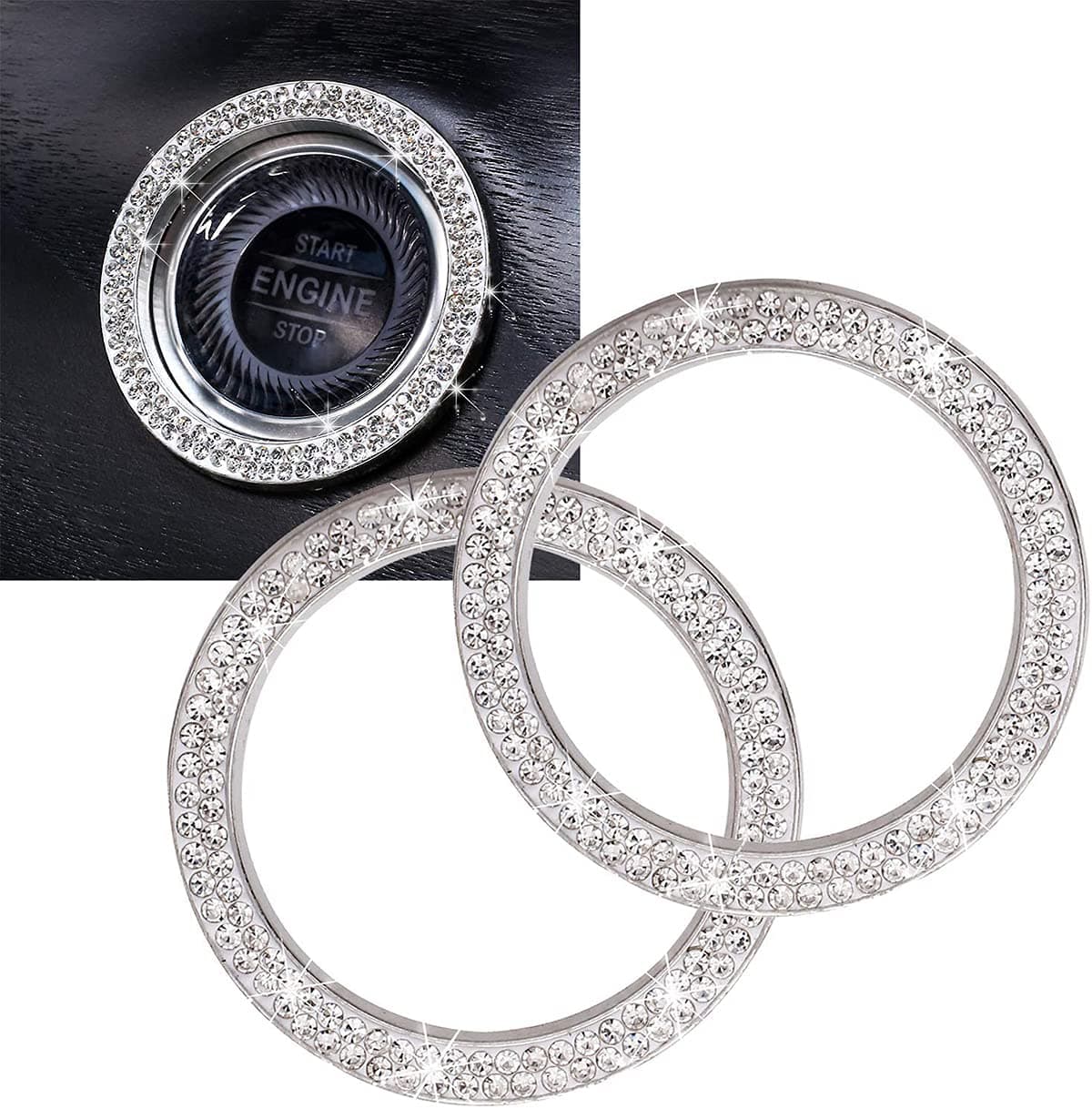 DELFINO Car Supplies One-Key Start Button Decorative Ring, Diamond-Set Crystal Ignition Ring Car Volume Button Decorative Ring, Bling Car Interior Accessory for Women, Silver
