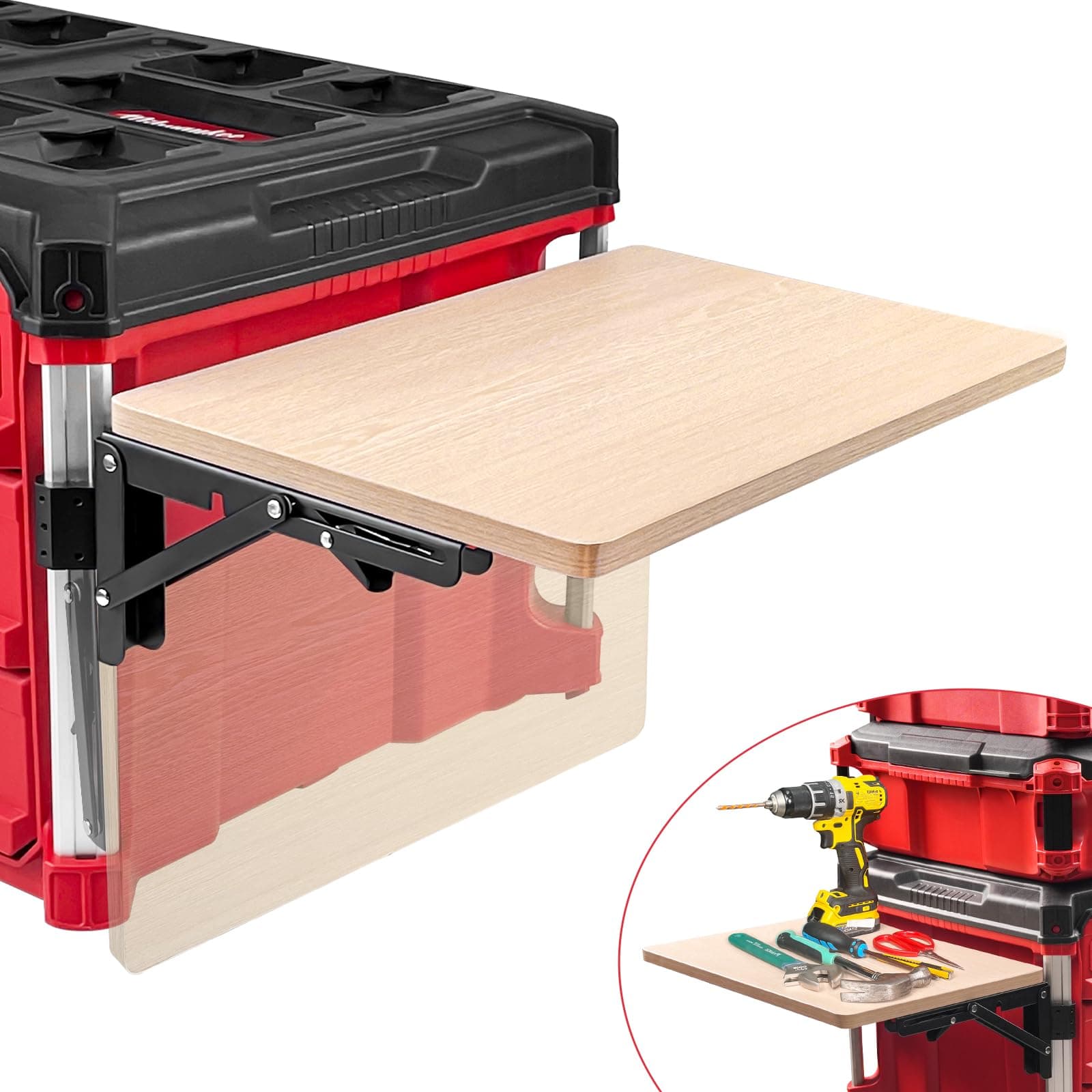 Heavy Duty Foldable Work Table Compatible with Milwaukee Packout Toolbox,Side Storage for Your Packout System，Wood