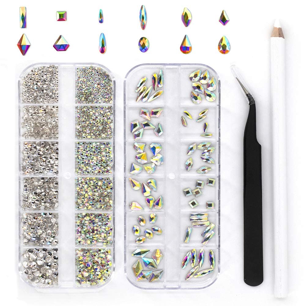 2 Boxes 1512 Pcs Multishape Crystals AB and Clear Nail Art Craft Crystal Rhinestones 3D Decorations Flatback Stones Gems Set with Pick Up Tweezer and Rhinestone Picker Dotting Pen